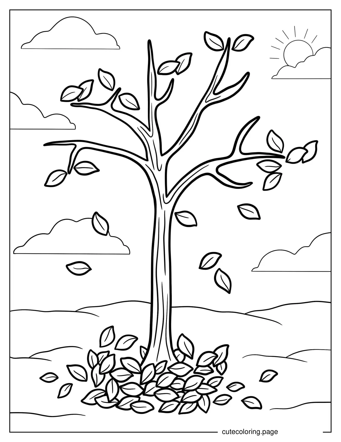 Simple Tree With Falling Leaves Coloring Page coloring page