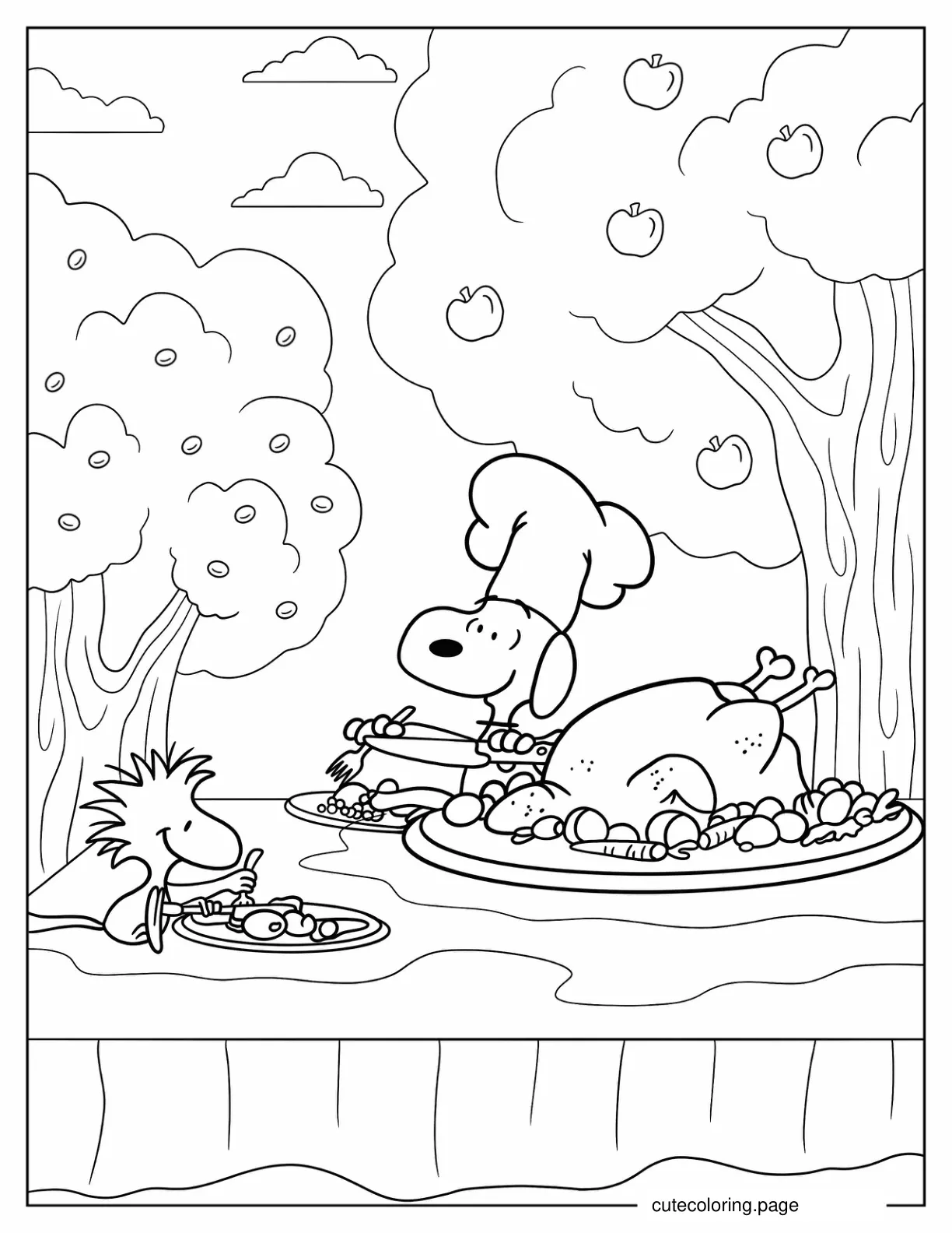 Snoopy And Woodstock Eating Thanksgiving Turkey Outdoors coloring page