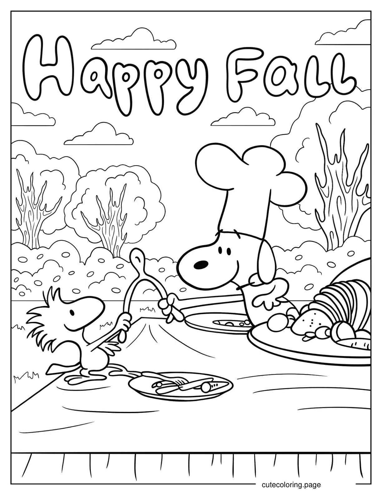 Snoopy And Woodstock Happy Fall Thanksgiving coloring page