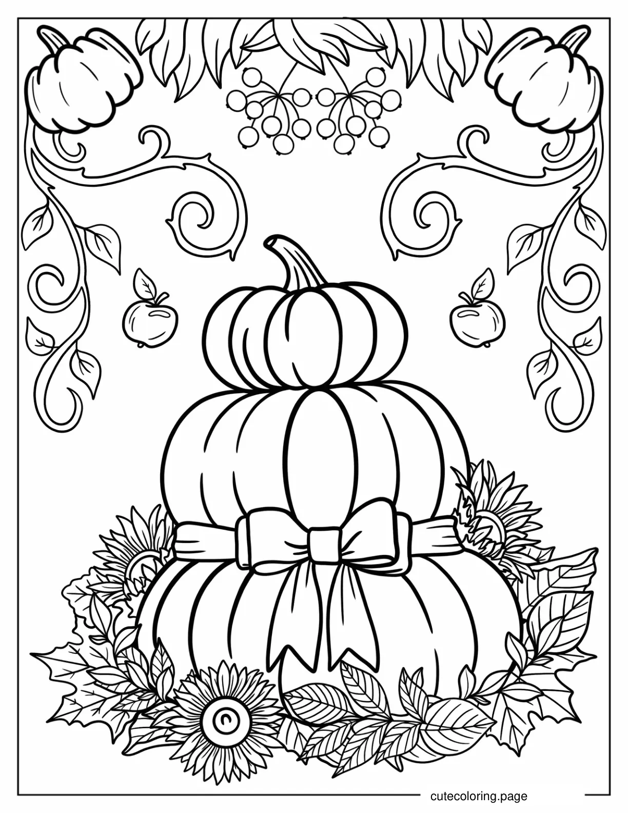 Three Pumpkins On Top Of Each Other With Bow coloring page