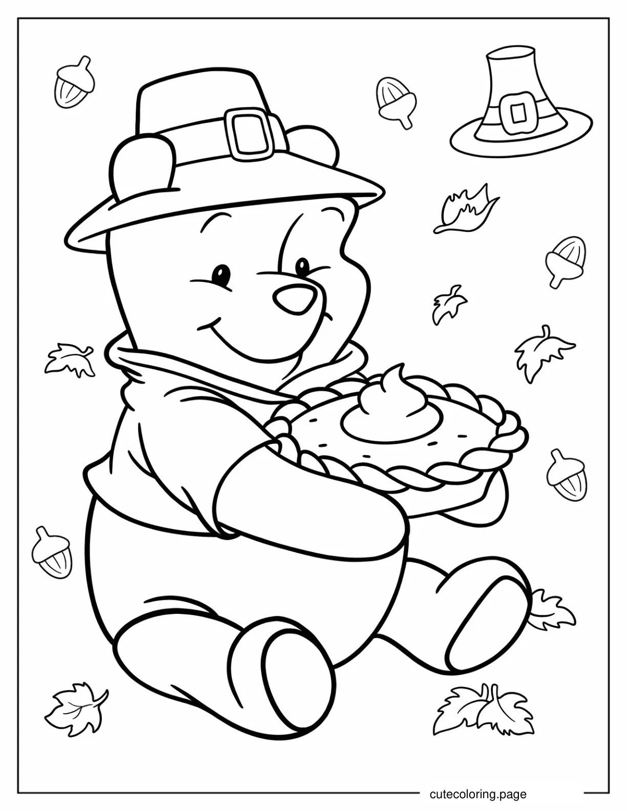 Winnie With Pooh Holding Pumpkin Pie Fall Coloring Page For Kids coloring page