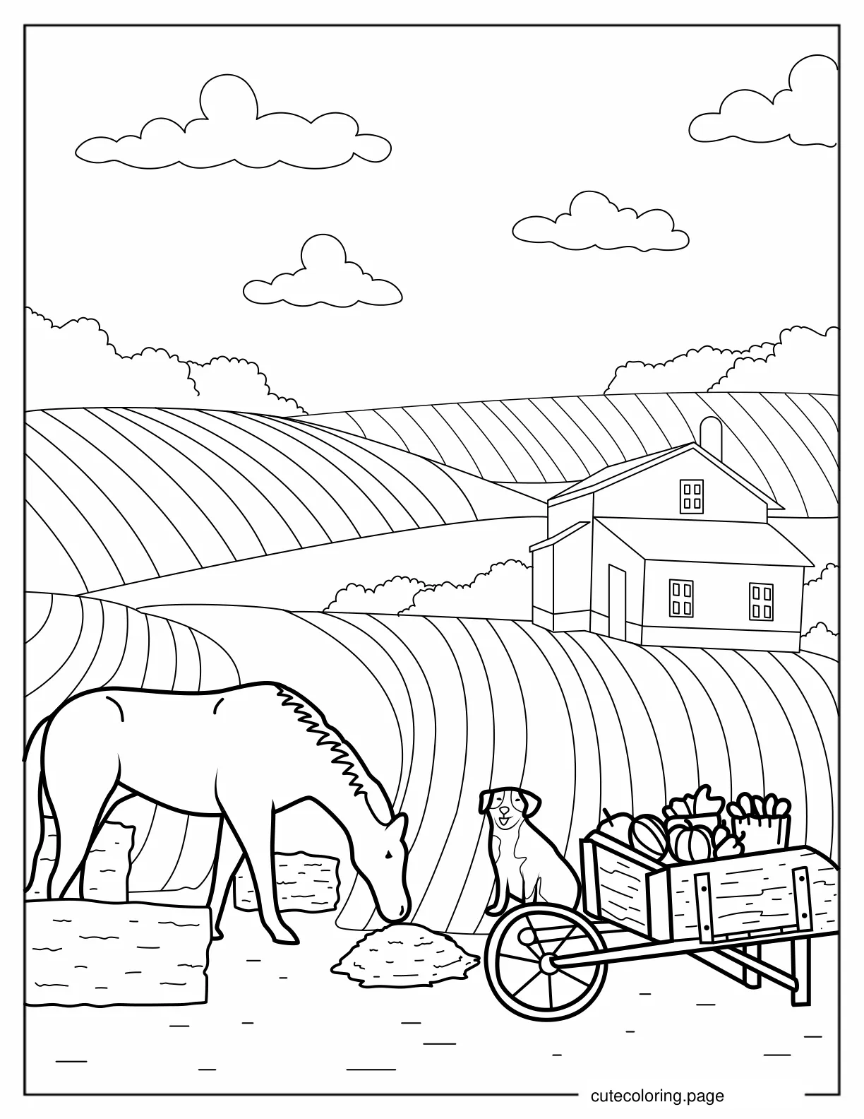 Coloring Page Of a Farm With Fields And Animals coloring page