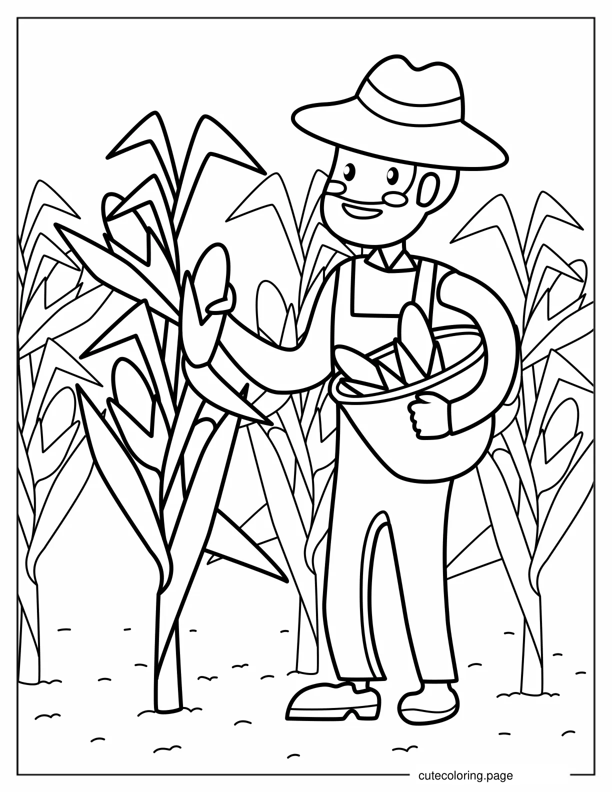 Easy To Color Picture Of Farmer Harvesting Corn coloring page