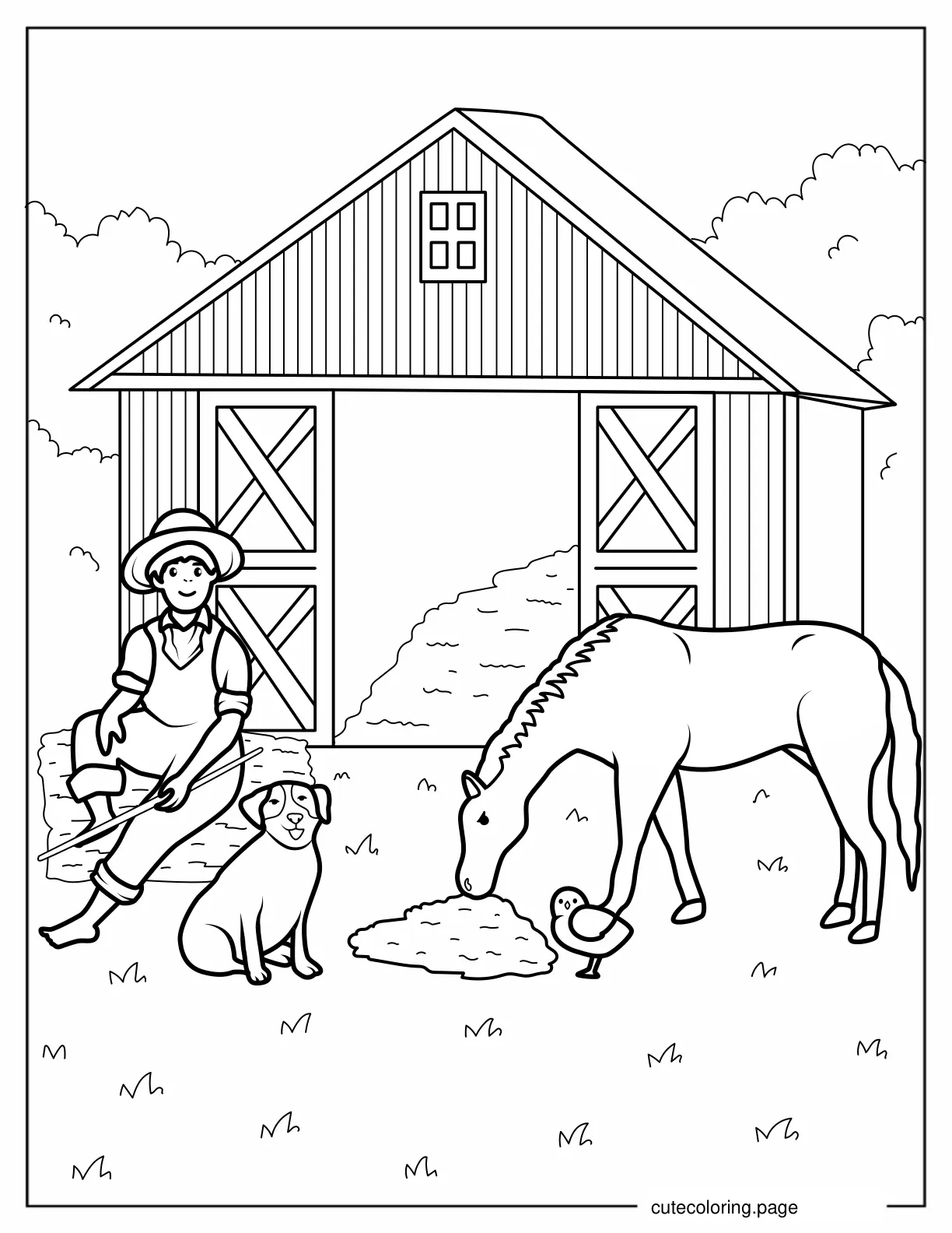 Farmer Boy With Animals Next To Barn coloring page