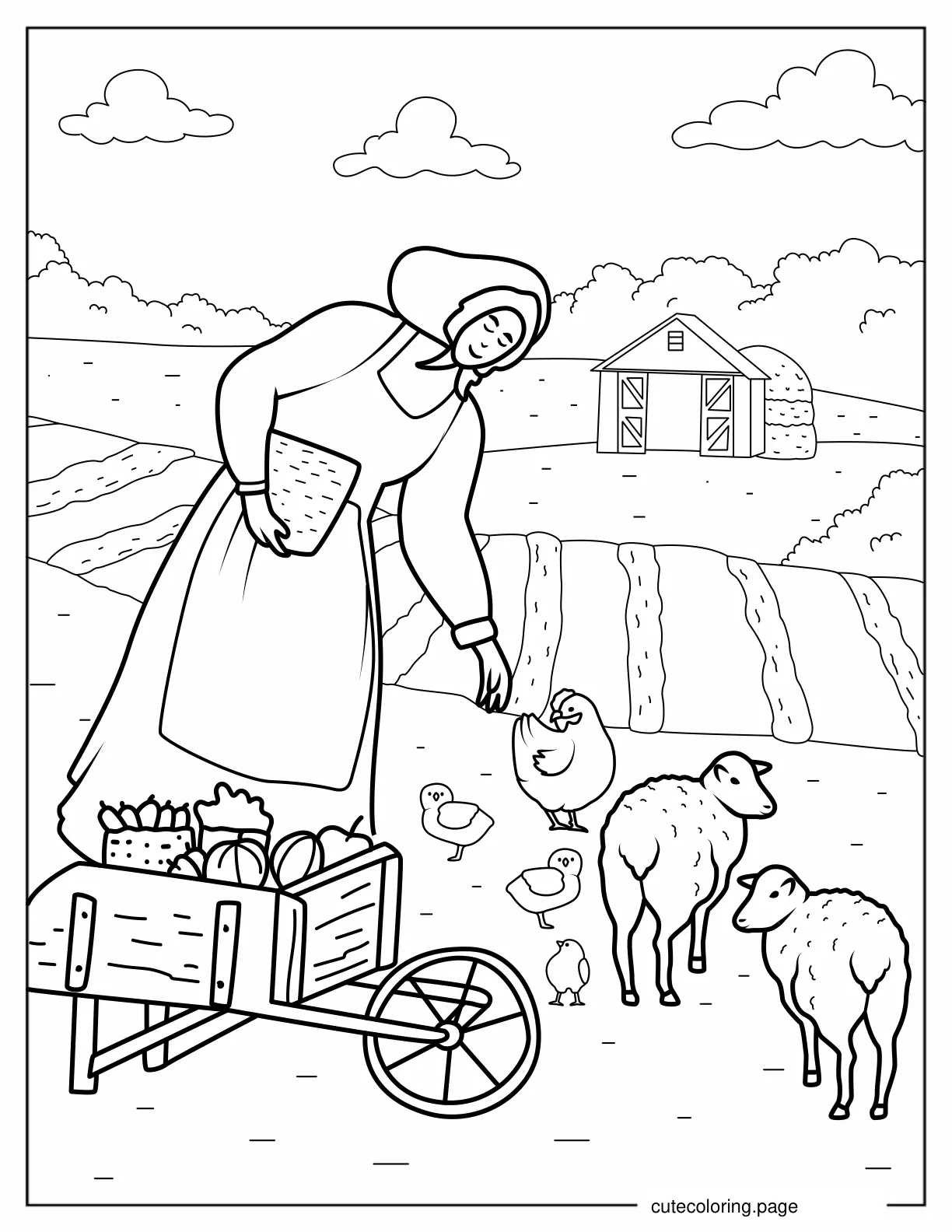 Farmer Wife Feeding Animals To Color coloring page