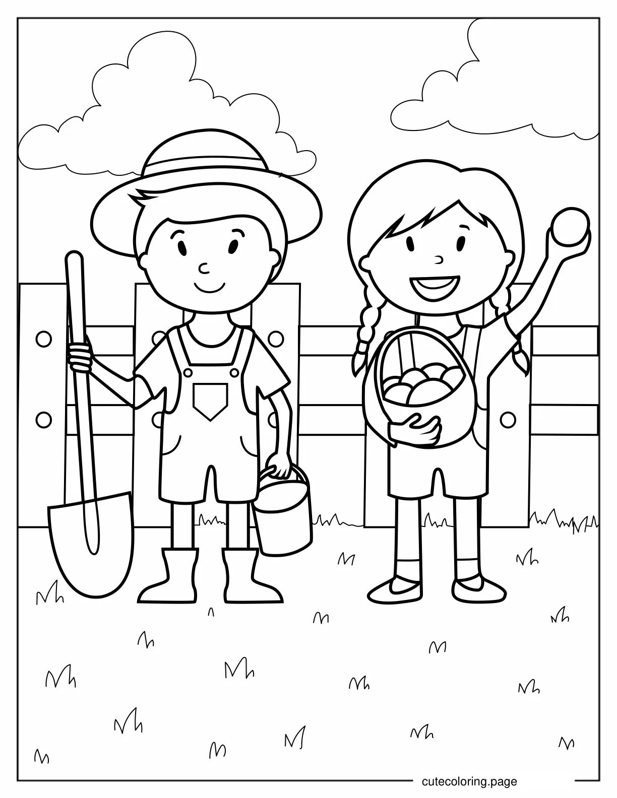 Two Children Working On Farm To Color coloring page