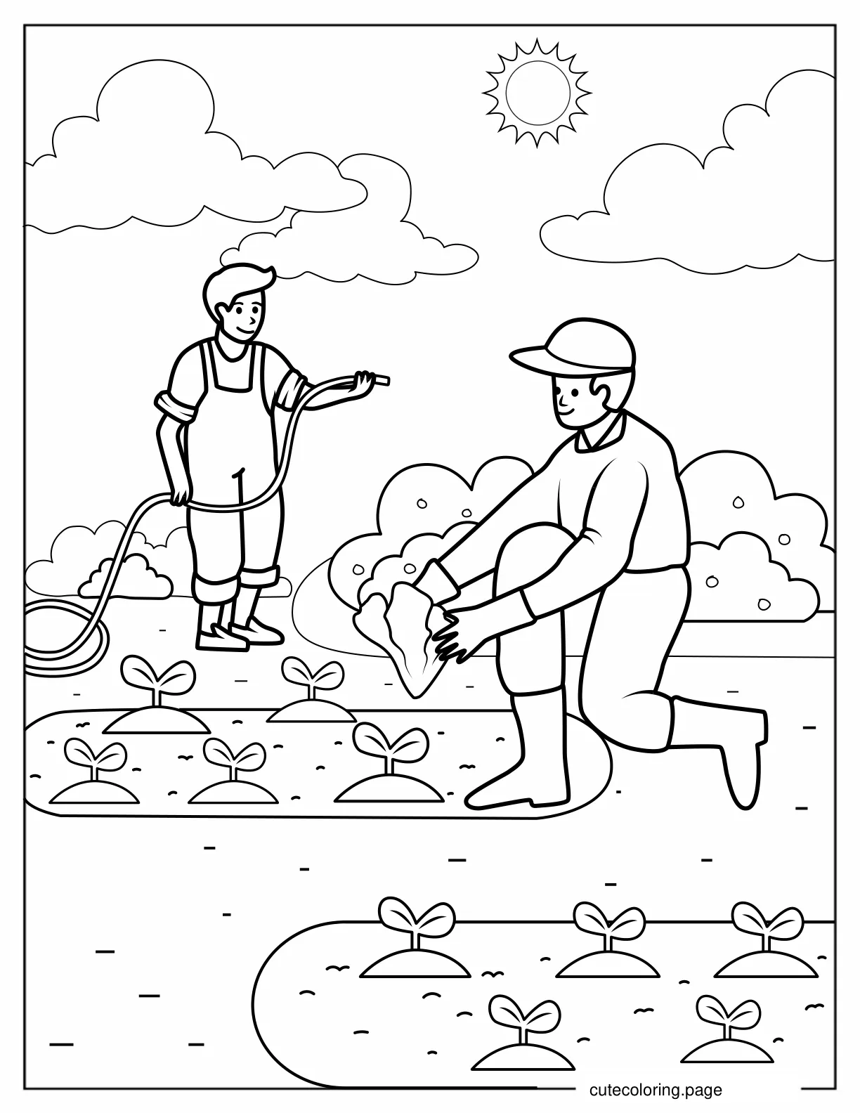 Two Farmers Planting Crops To Color coloring page