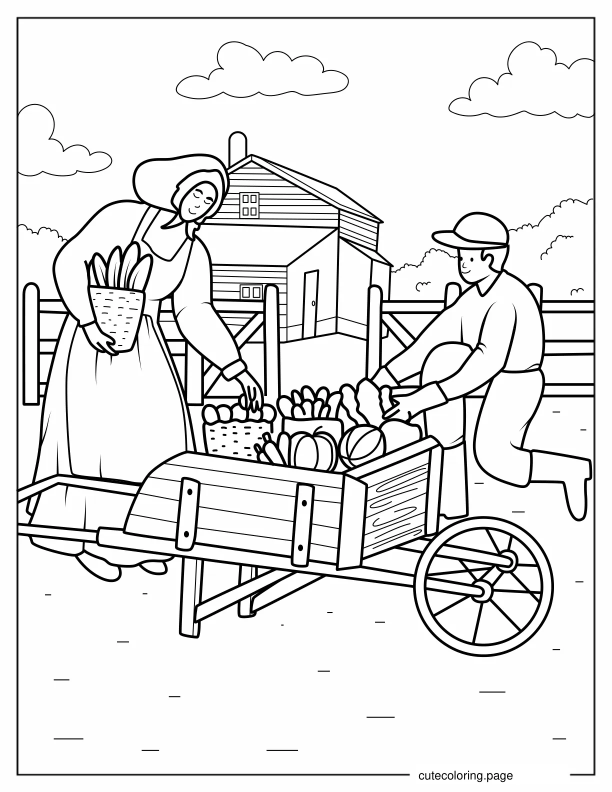 Two Farmers Presenting Harvest For Sale coloring page