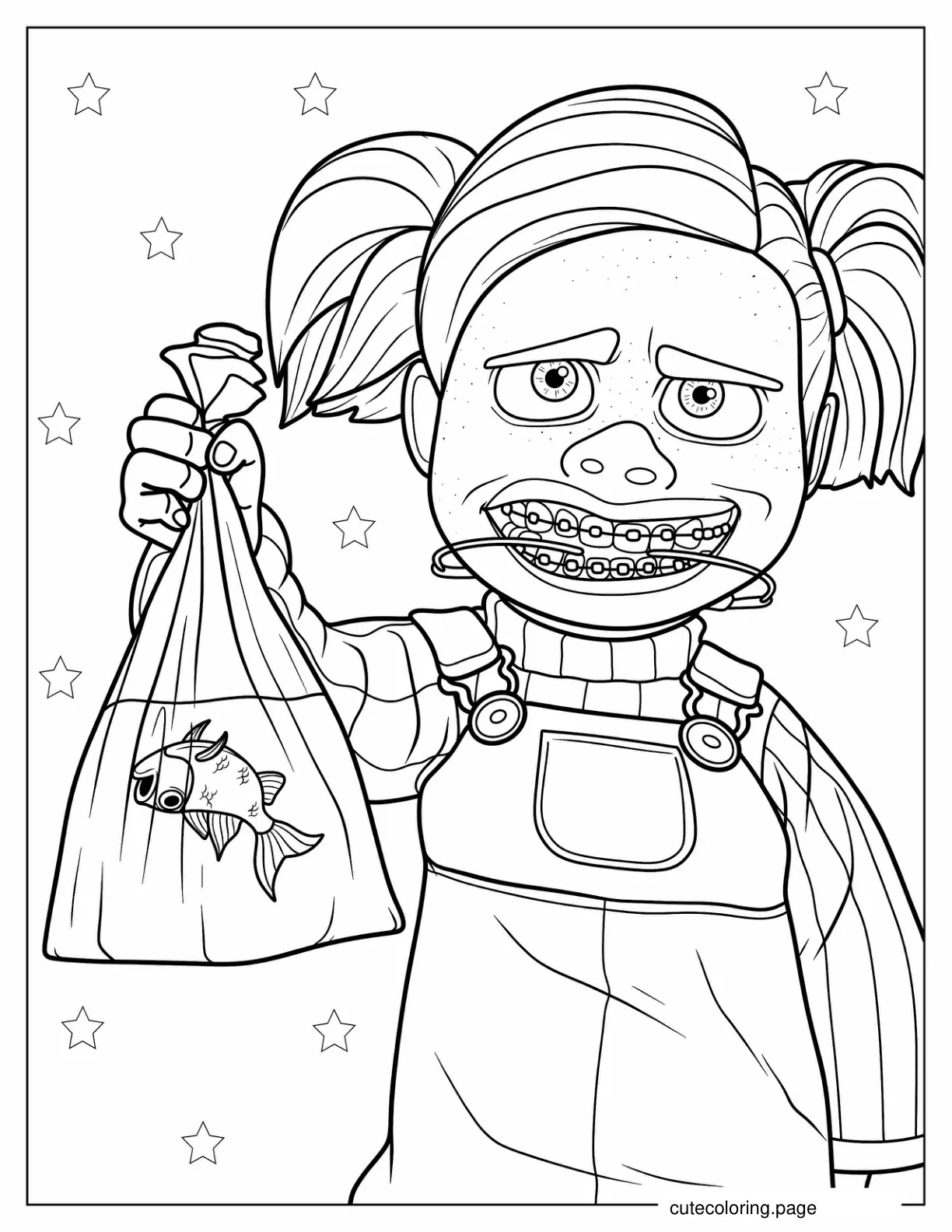 Darla Holding Pet Fish Coloring Sheet coloring page