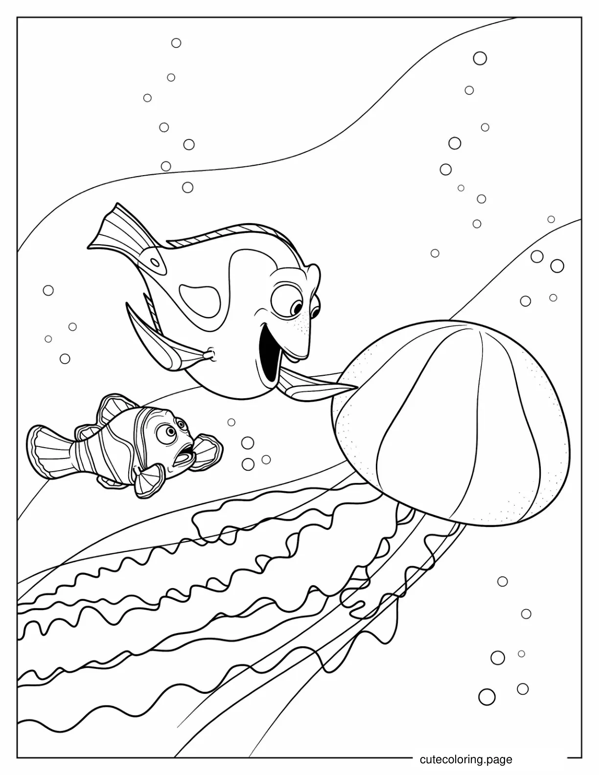 Dory Touching a Large Jelly Fish To Color coloring page