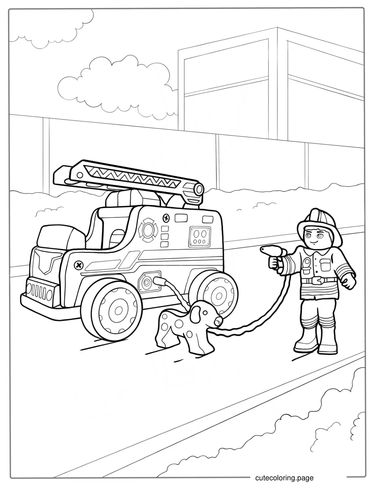 Cartoon Style Fire Truck With Firefighter And Dalmatian coloring page