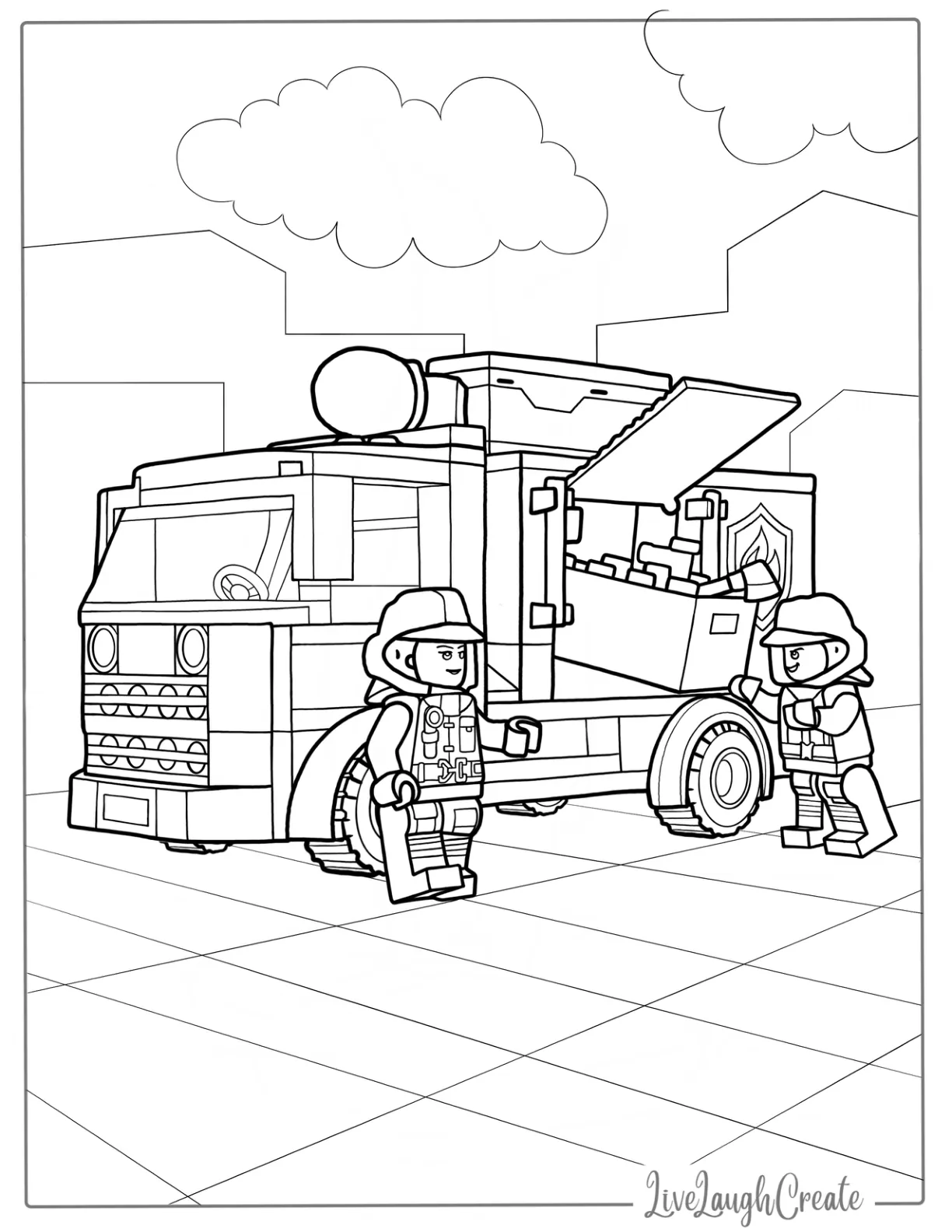 Coloring Page Of Lego Fire Truck With Firefighters coloring page