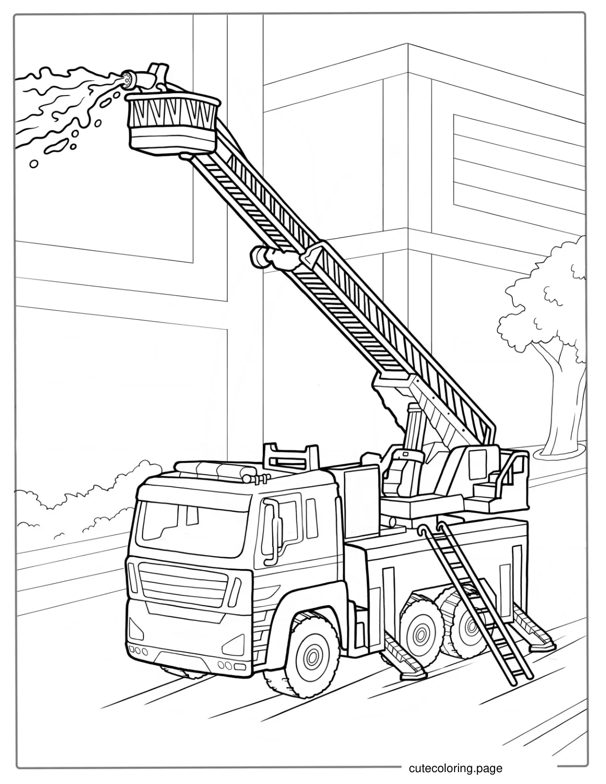 Fire Truck With Large Ladder Putting Out Fire To Color coloring page