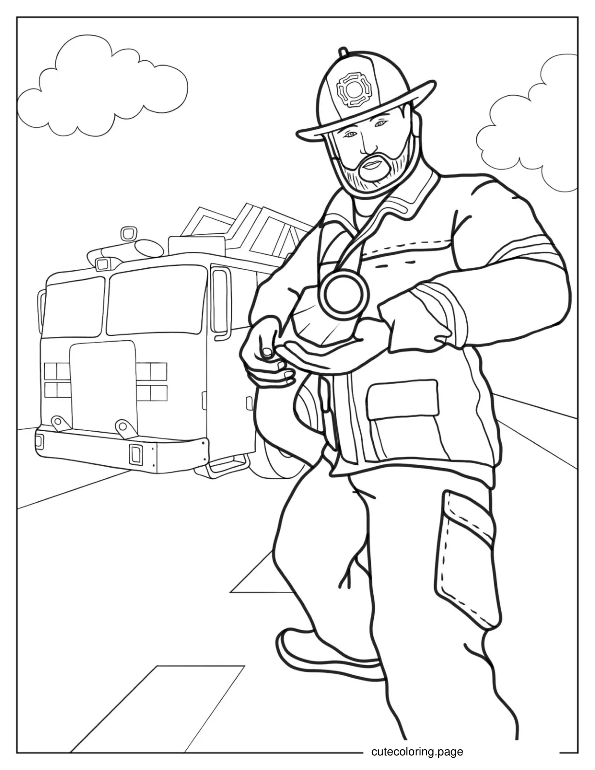 Coloring Page Of Firefighter Holding Water Hose coloring page