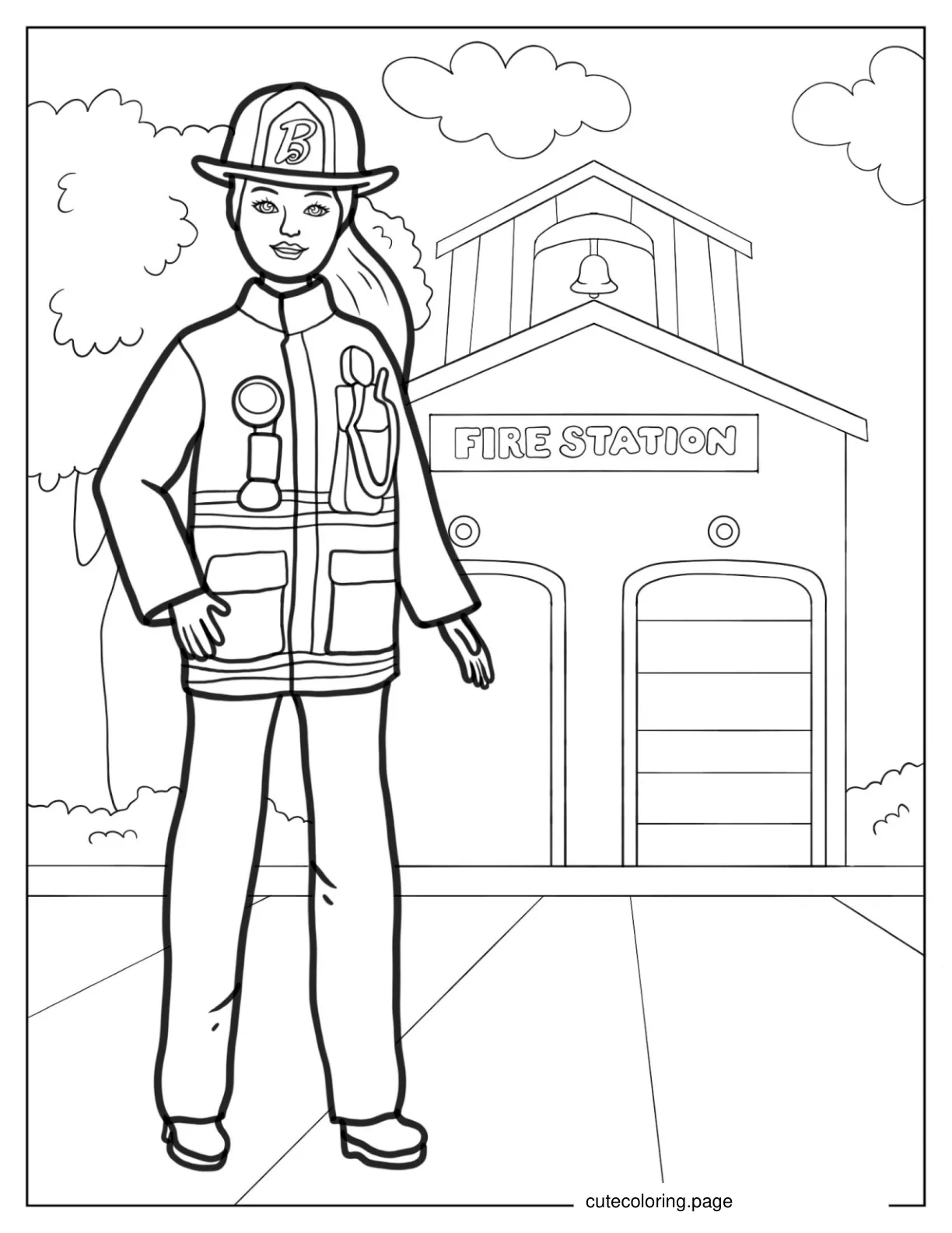 Female Firefighter In Front Of Fire Station Coloring Sheet coloring page