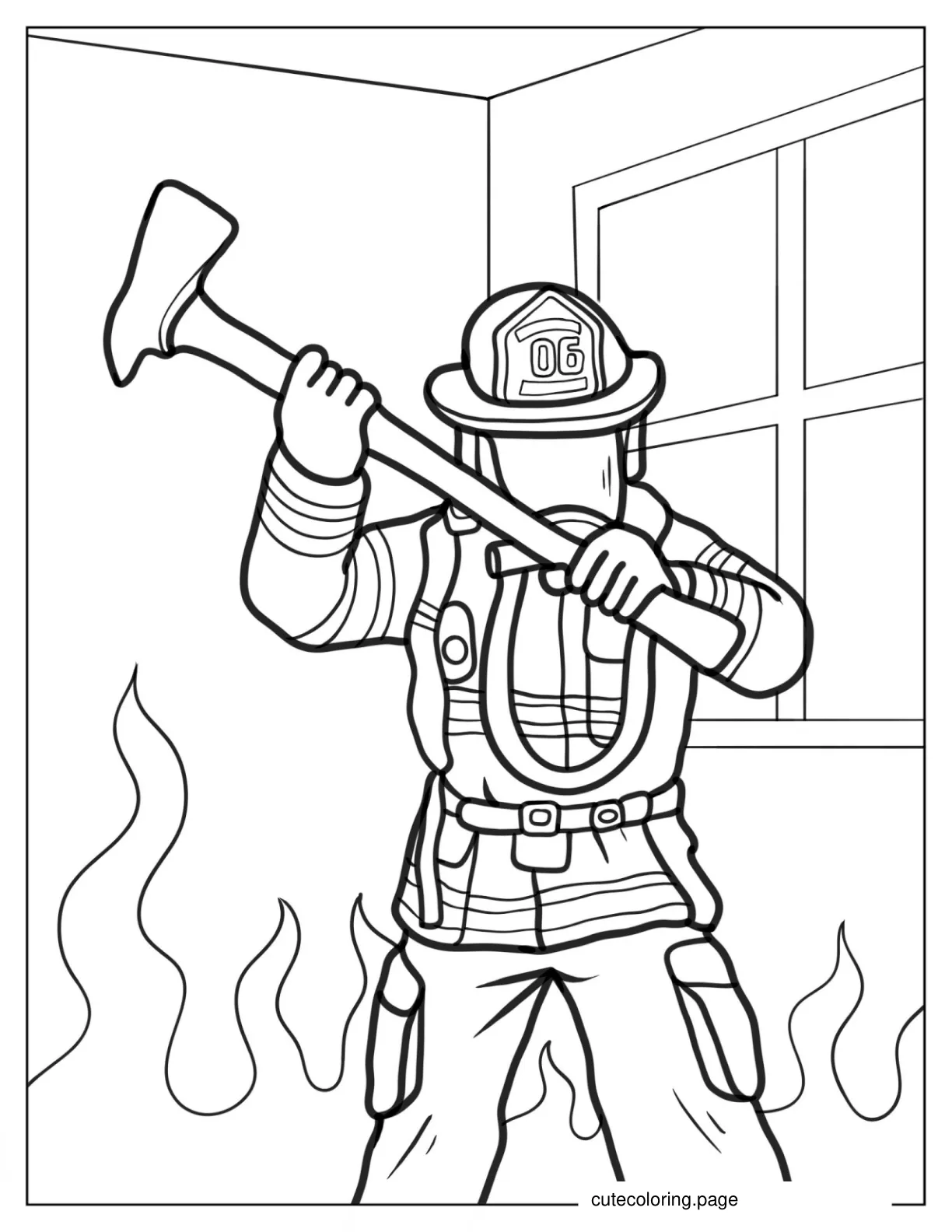 Firefighter Engulfed By Flames Breaking Down Door coloring page