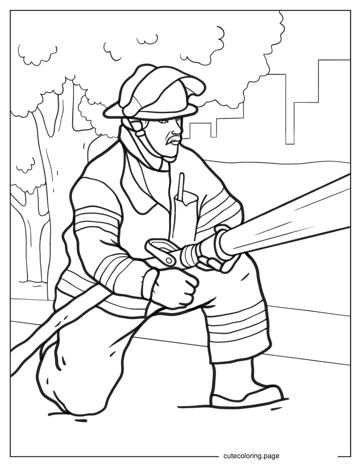 Firefighter Holding Hose Putting Out Fire coloring page