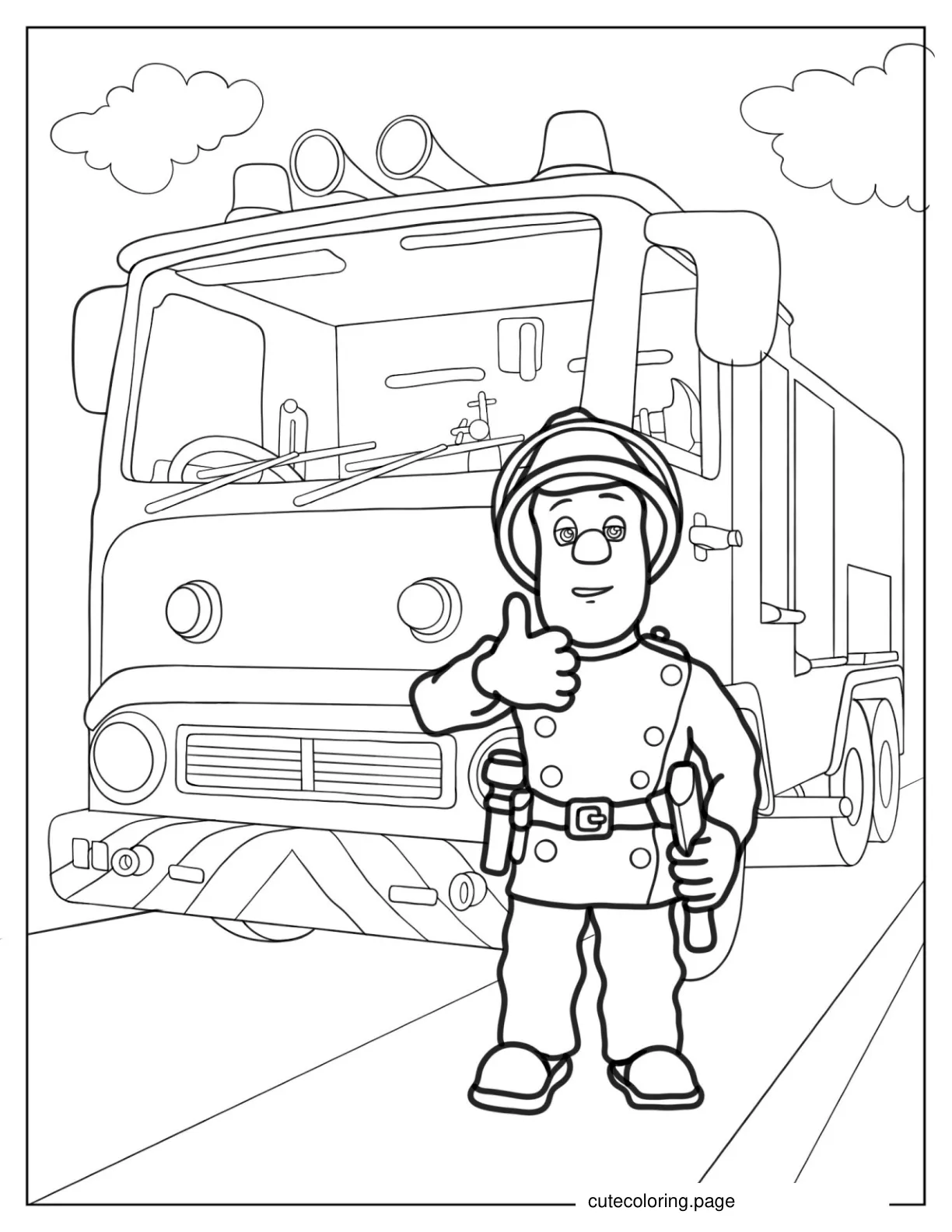 Firefighter In Front Of Fire Truck Coloring Sheet coloring page