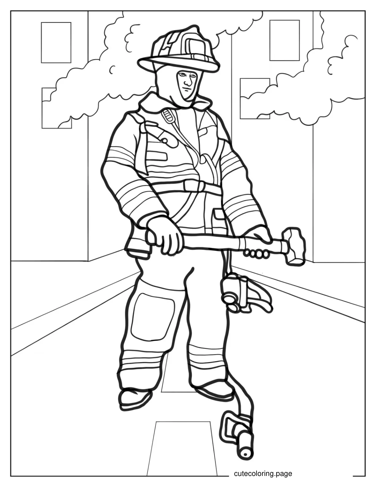 Firefighter In Full Uniform Battling Fire coloring page