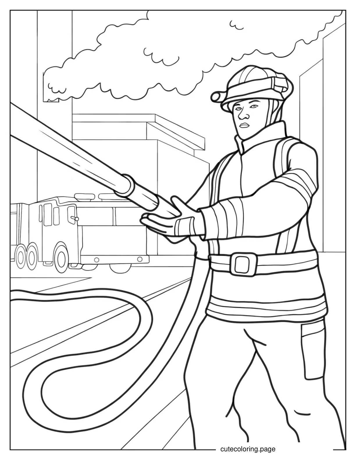 Firefighter Putting Out Building Fire To Color coloring page