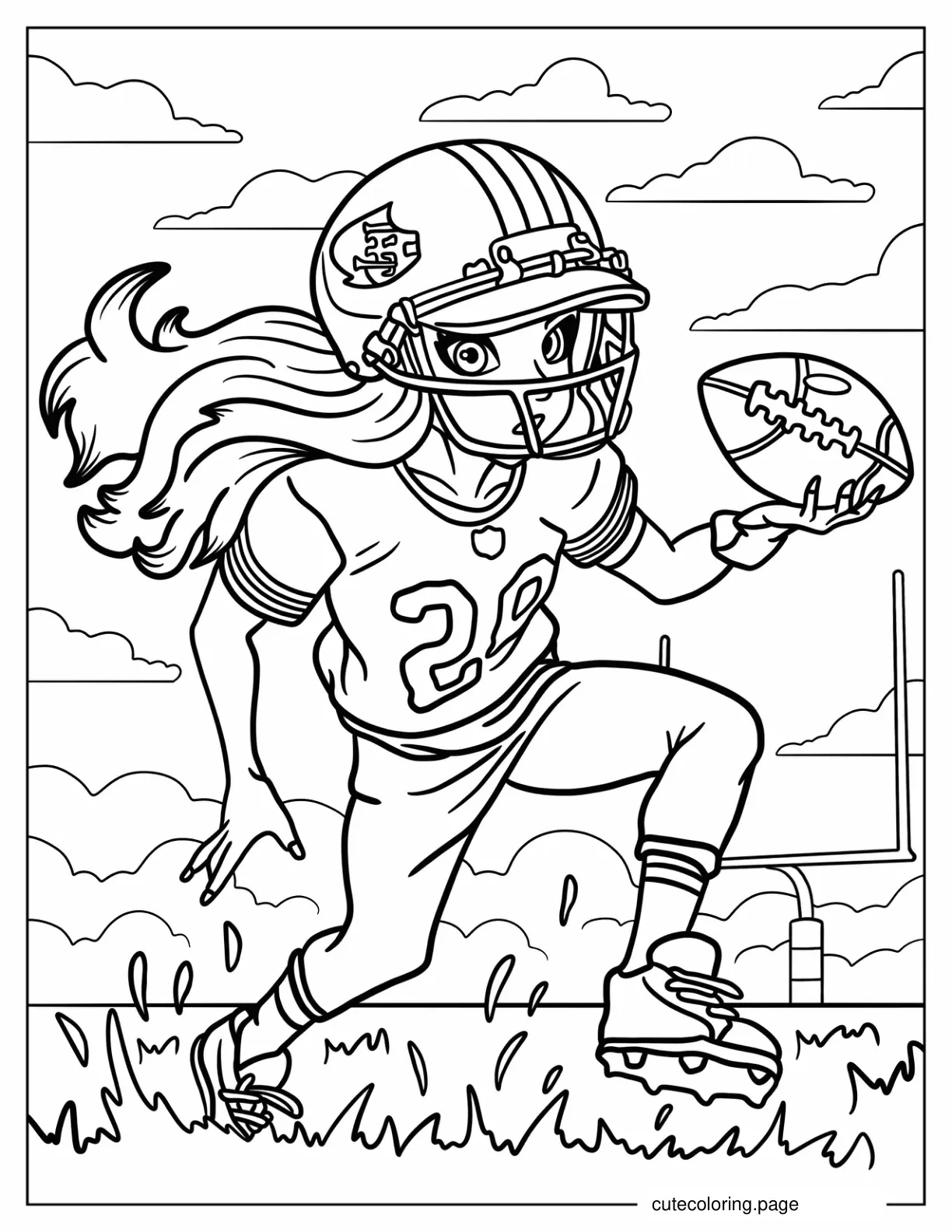 Female Football Player Running On Grass With Ball Coloring Sheet For Kids coloring page