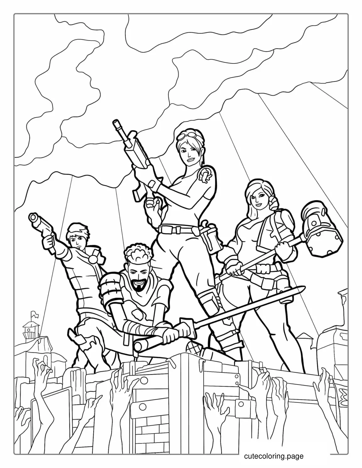 Fortnite Fighting Zombies Coloring Page coloring page