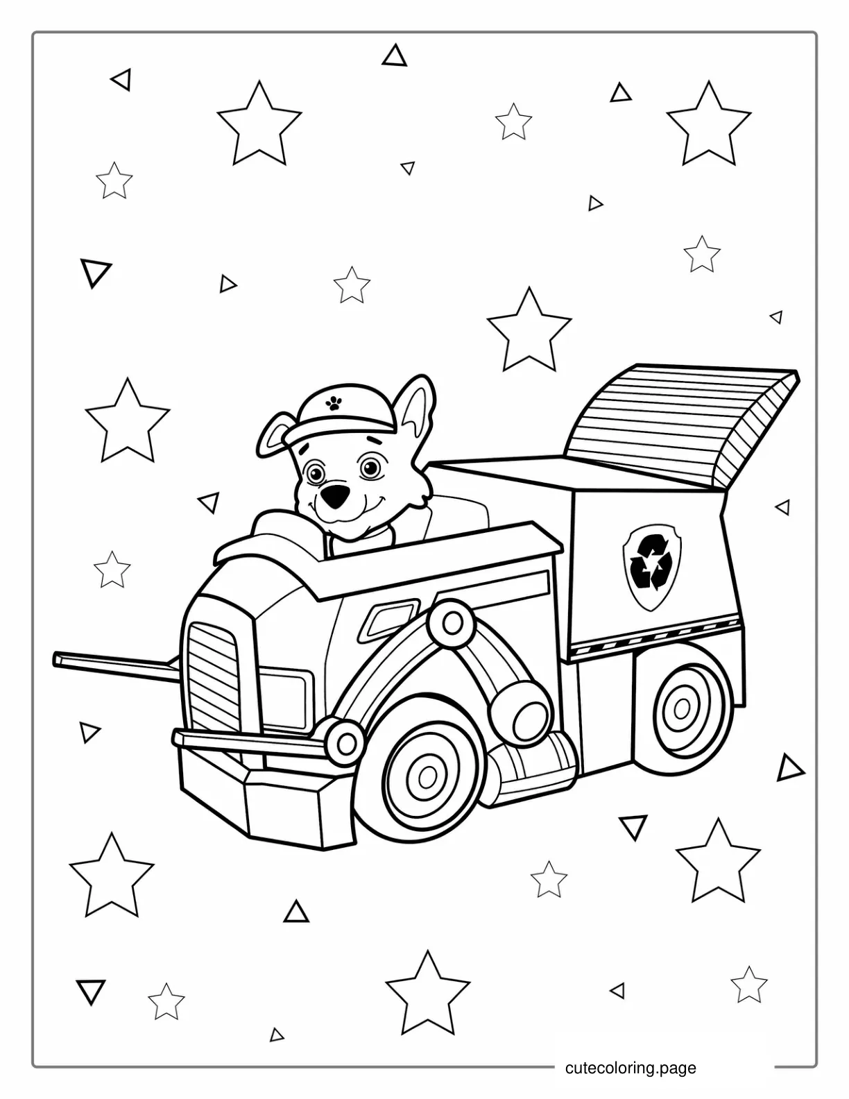 Rocky From Paw Patrol With Recycling Garbage Truck coloring page