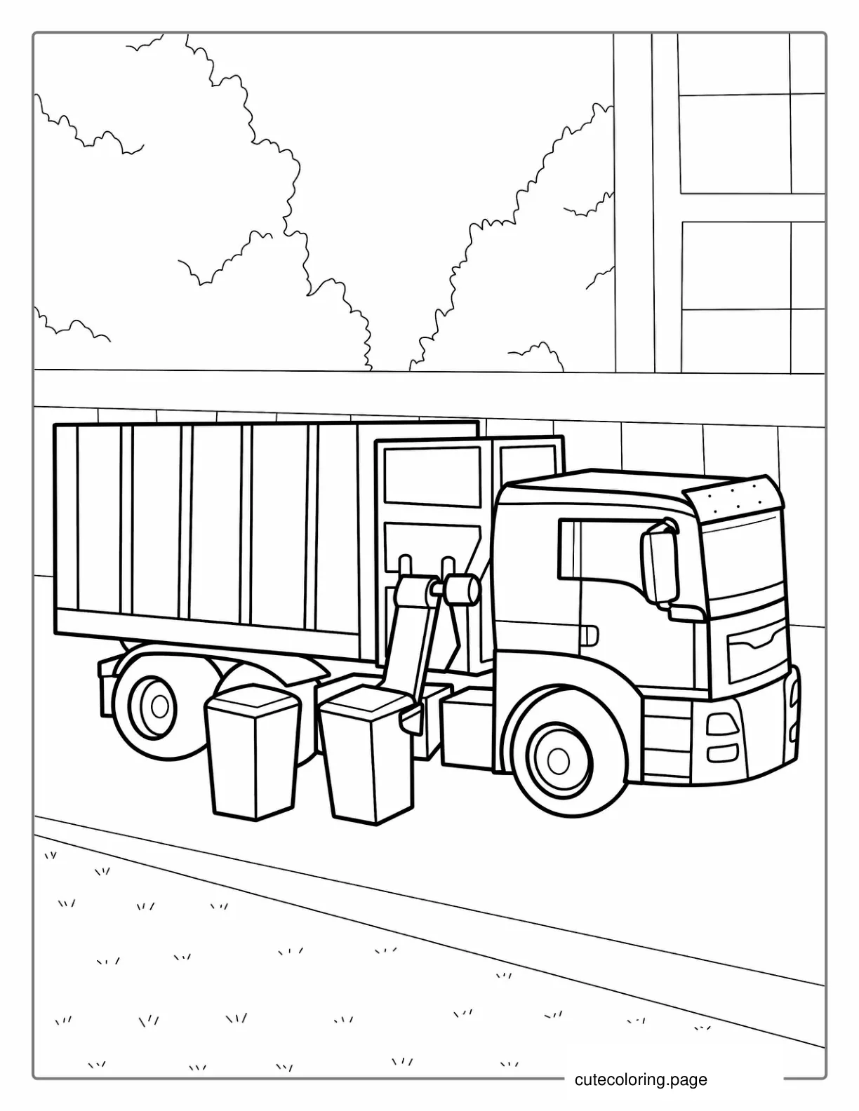 Side Loader Garbage Truck Picking Up Trash Bins coloring page