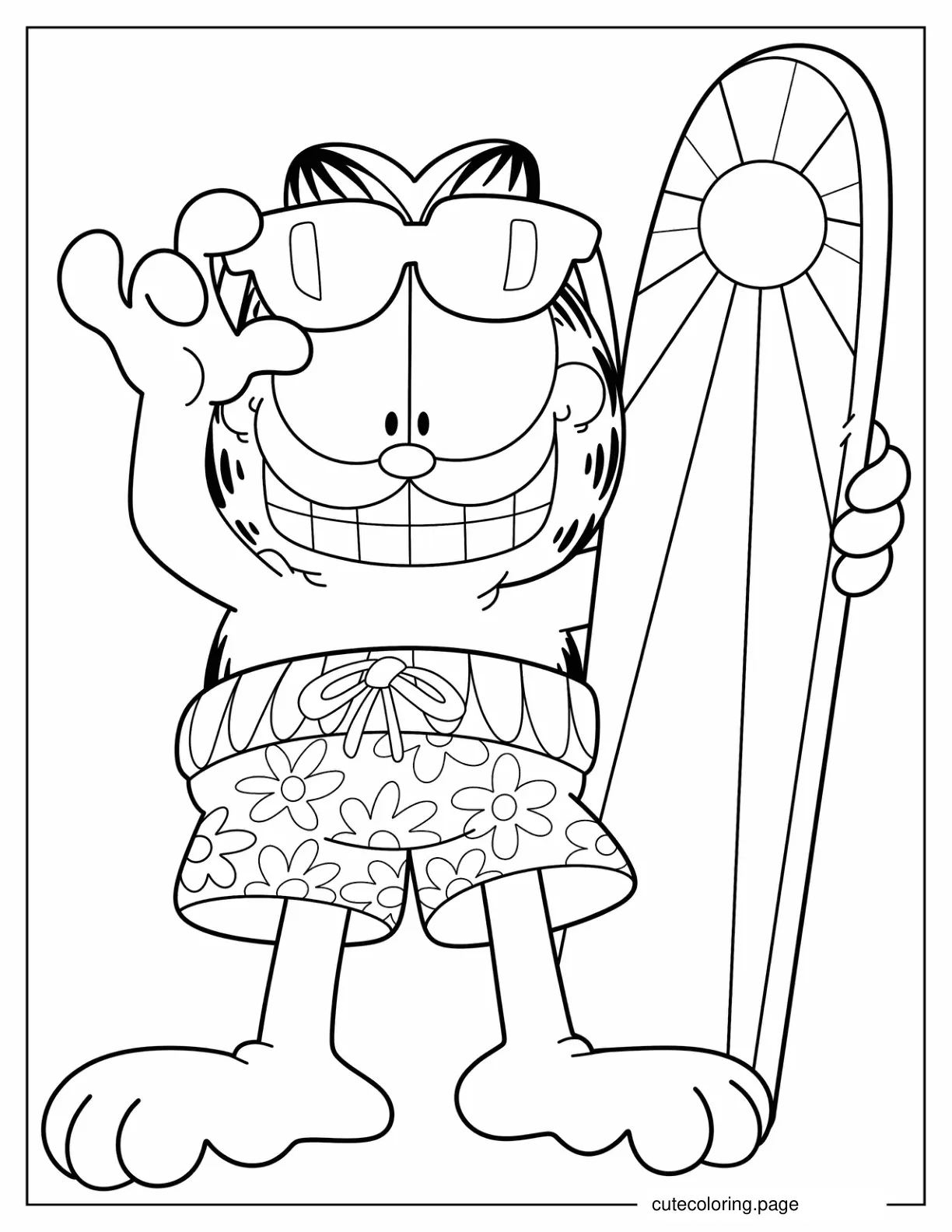 Coloring Sheet Of Garfield With Sunglasses And Surfboard coloring page