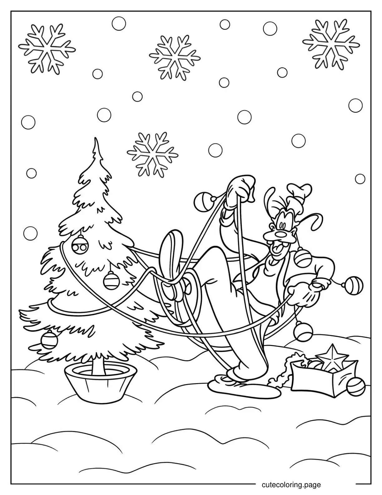 Coloring Sheet Of Goofy Decorating A Christmas Tree coloring page