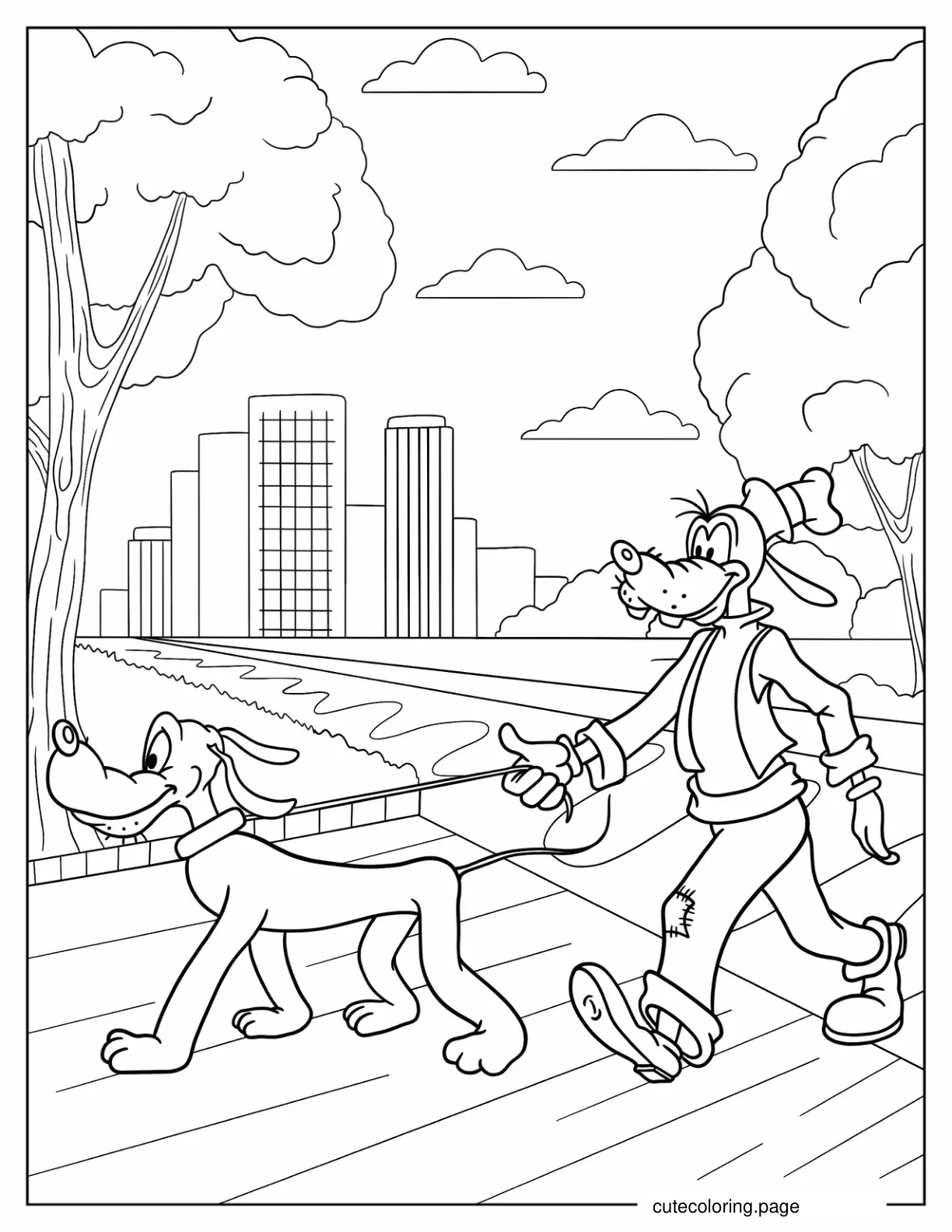 Coloring Sheet Of Goofy Walking Pluto The Dog coloring page