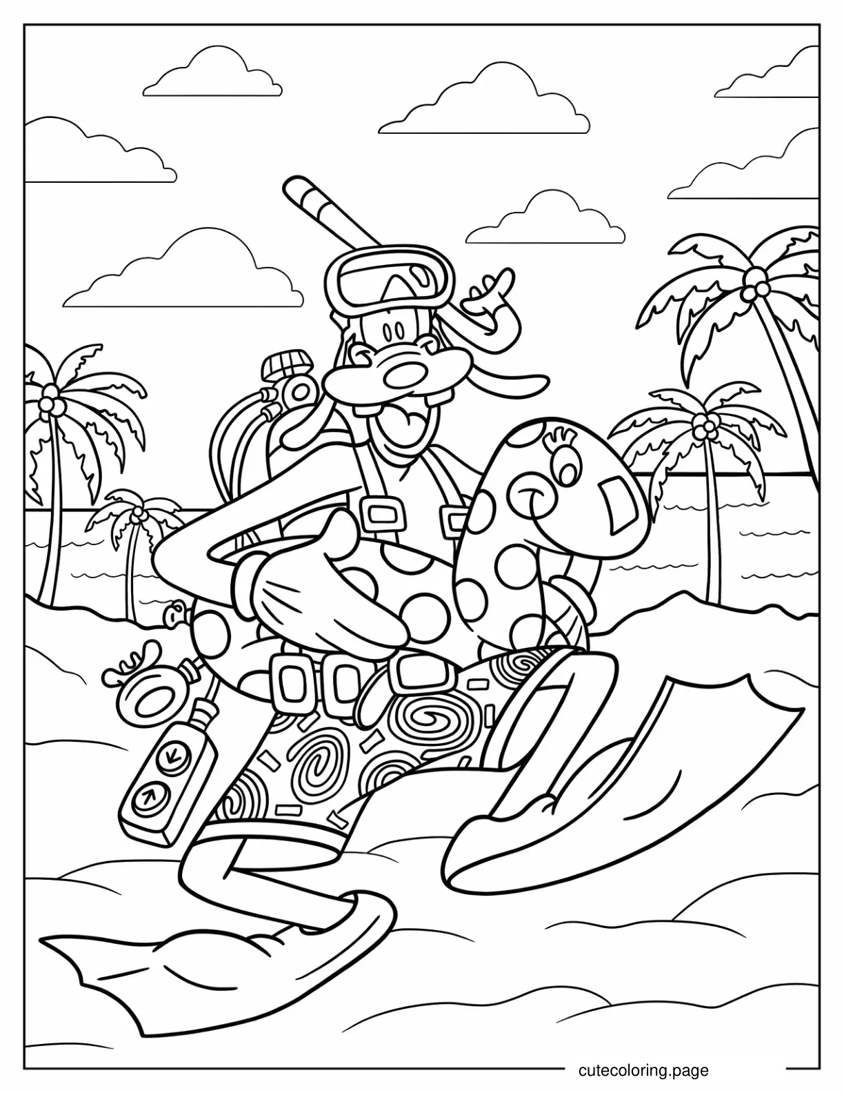 Goofy With Snorkeling Gear In Beach Coloring Page coloring page