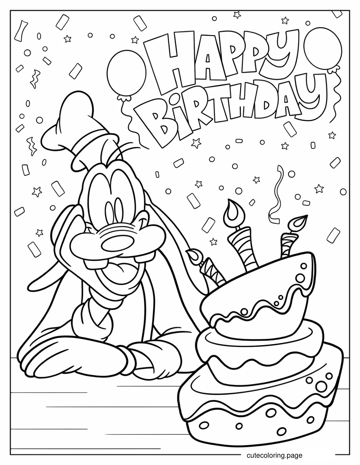 Happy Birthday Goofy with Birthday Cake coloring page