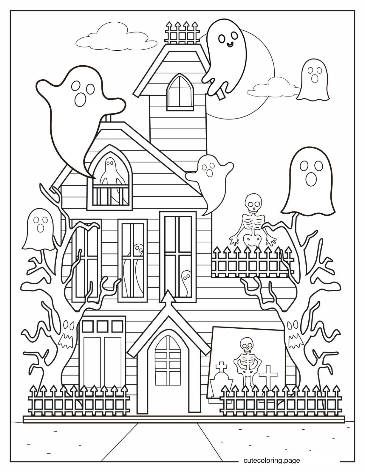 Chibi Ghosts Floating Out Of Haunted House Coloring In coloring page