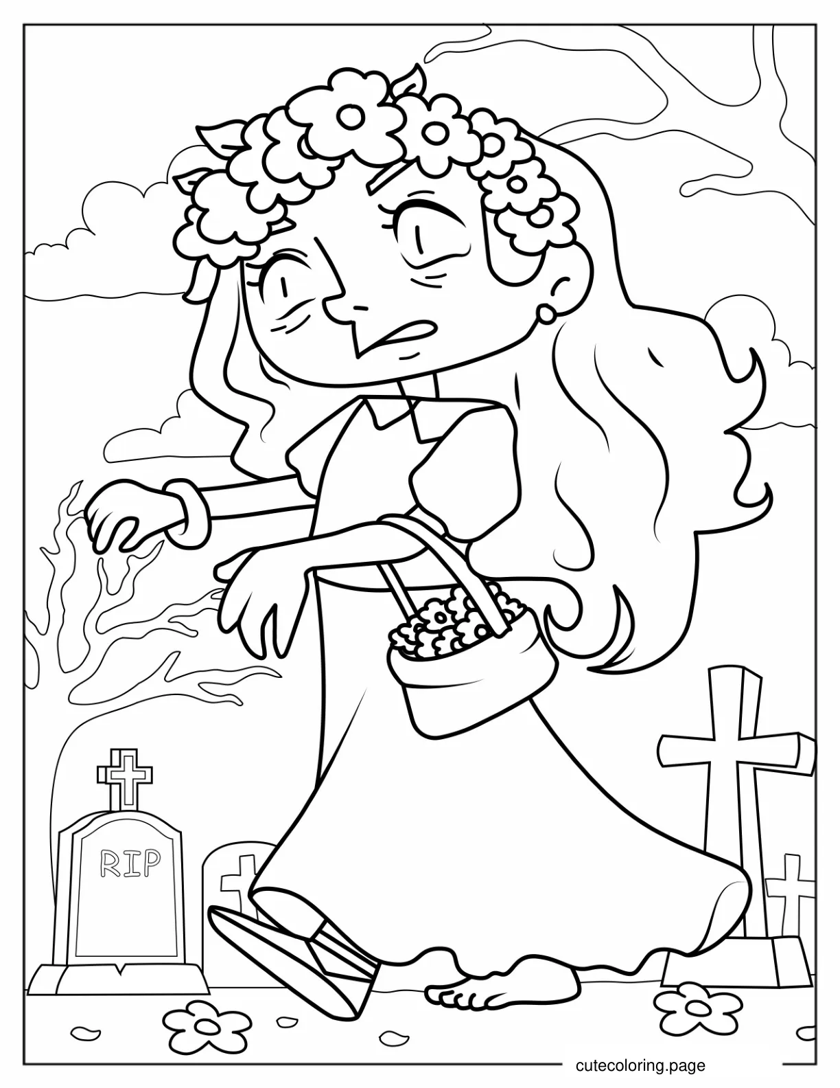 Coloring Page Of Zombie Bride With Flowers coloring page