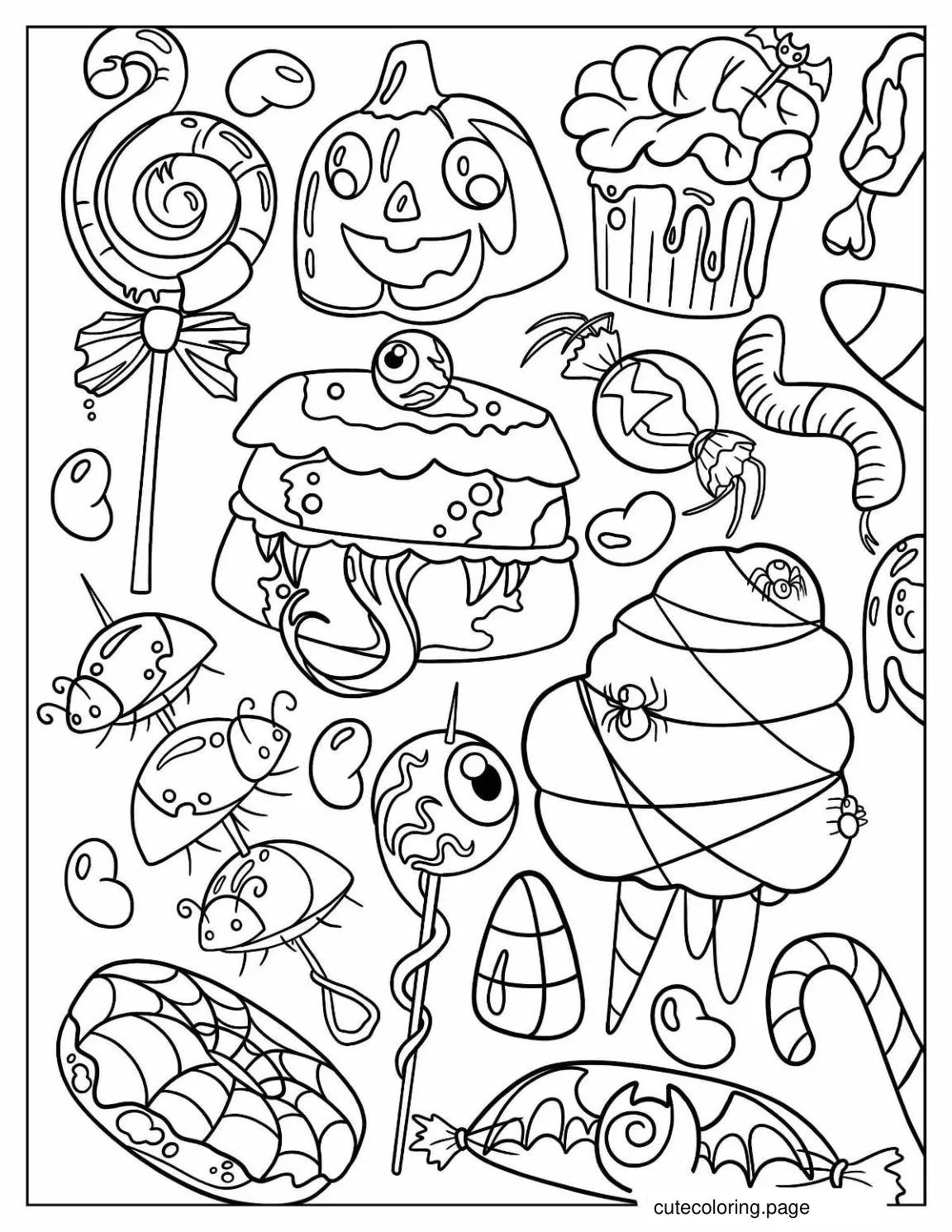 Creepy Halloween Elements Coloring Sheet coloring page