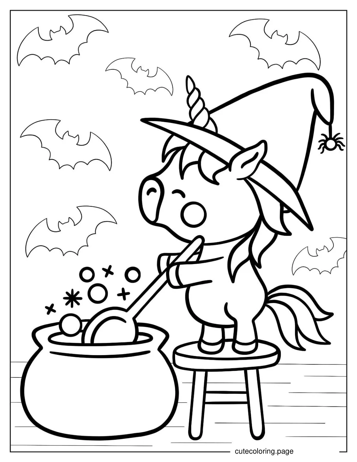 Cute Witch Unicorn Casting Spell To Color coloring page