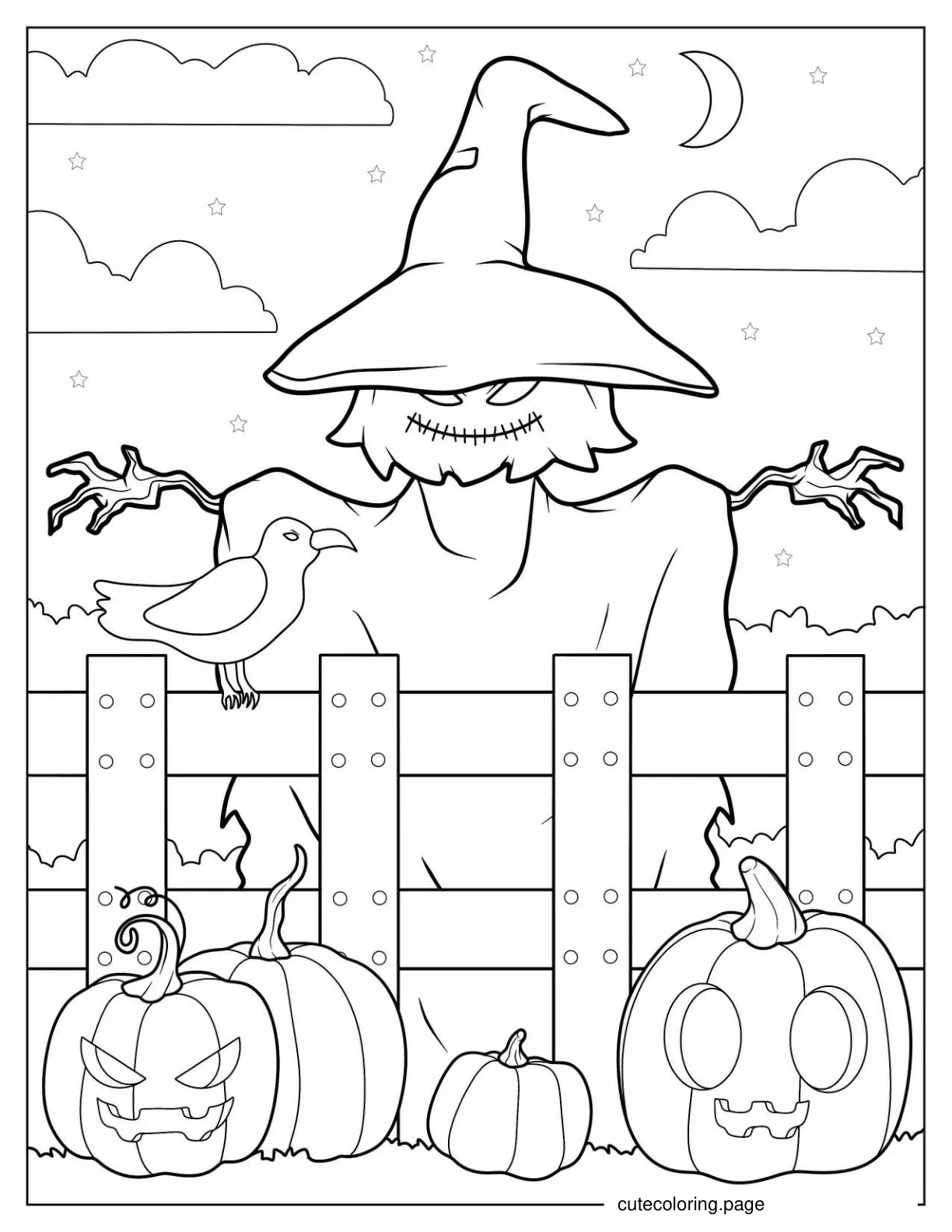 Detailed Witch Scarecrow With Crow And Pumpkins coloring page