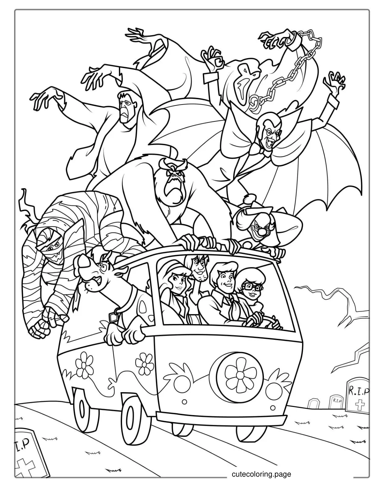 Ghosts Chasing Scooby Doo And Gang Coloring Sheet coloring page