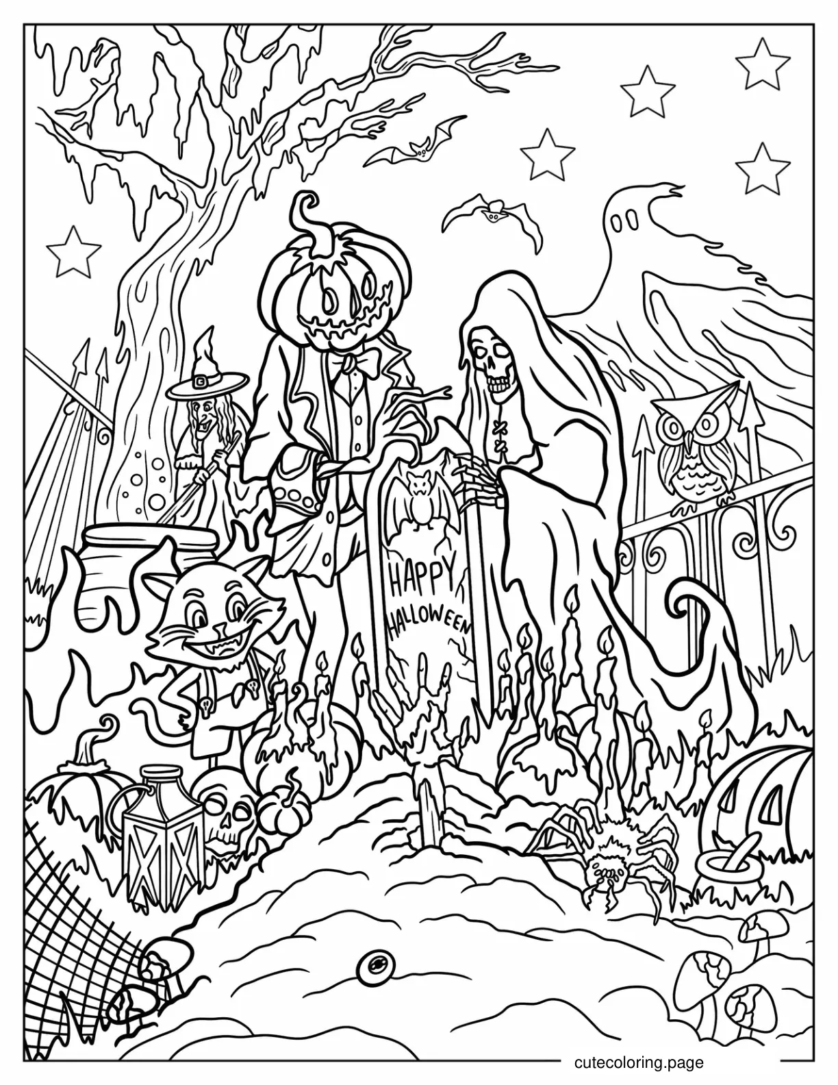 Grim Reaper Scarecrow Witch Cat And Zombie In Cemetery Halloween Coloring Page coloring page