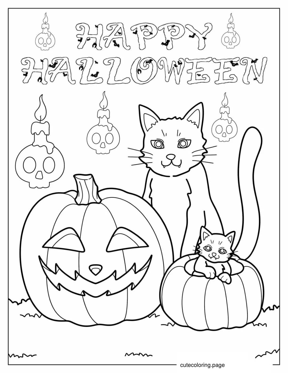 Happy Halloween Coloring Page With Cats And Pumpkins coloring page