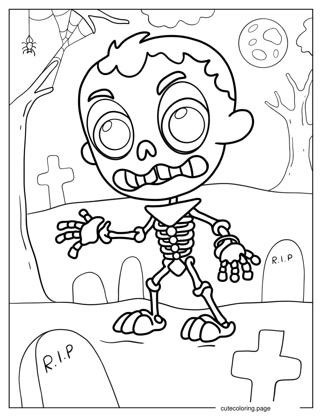 Kawaii Boy Skeleton In Cemetery Coloring In coloring page