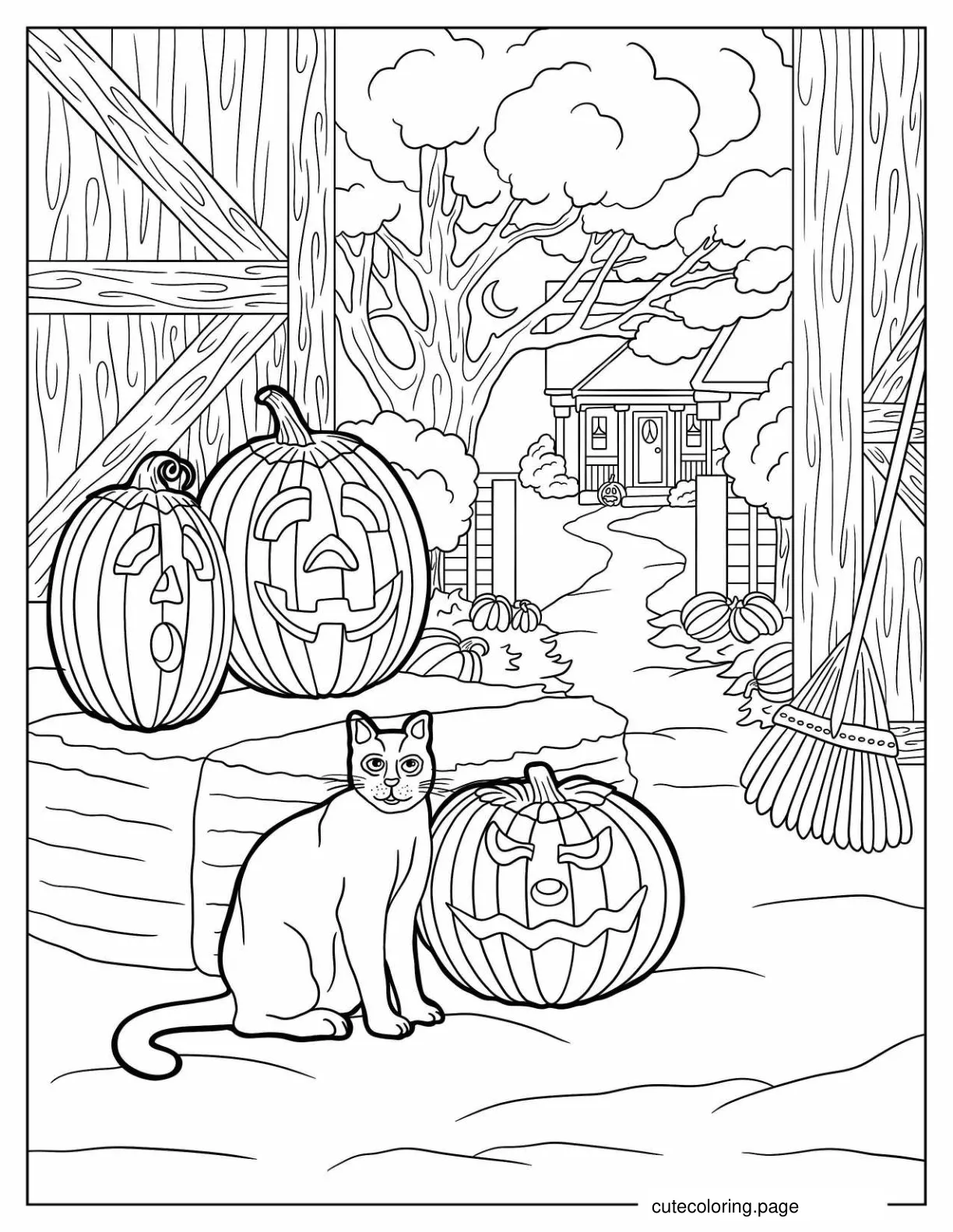 Realistic Coloring Page Of Cat And Jack O Lanterns In Halloween coloring page