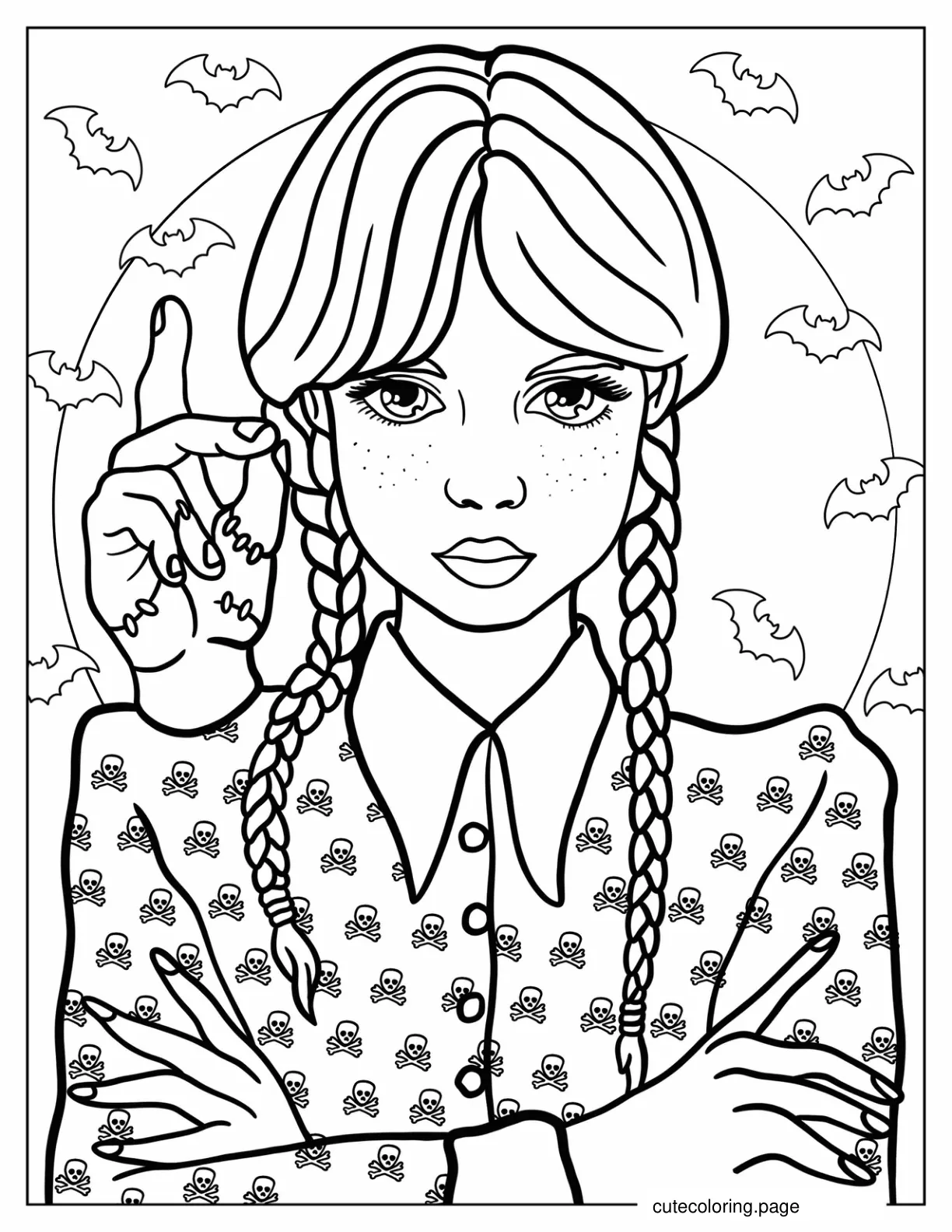 Realistic Wednesday Addams With Thing On Her Shoulder coloring page