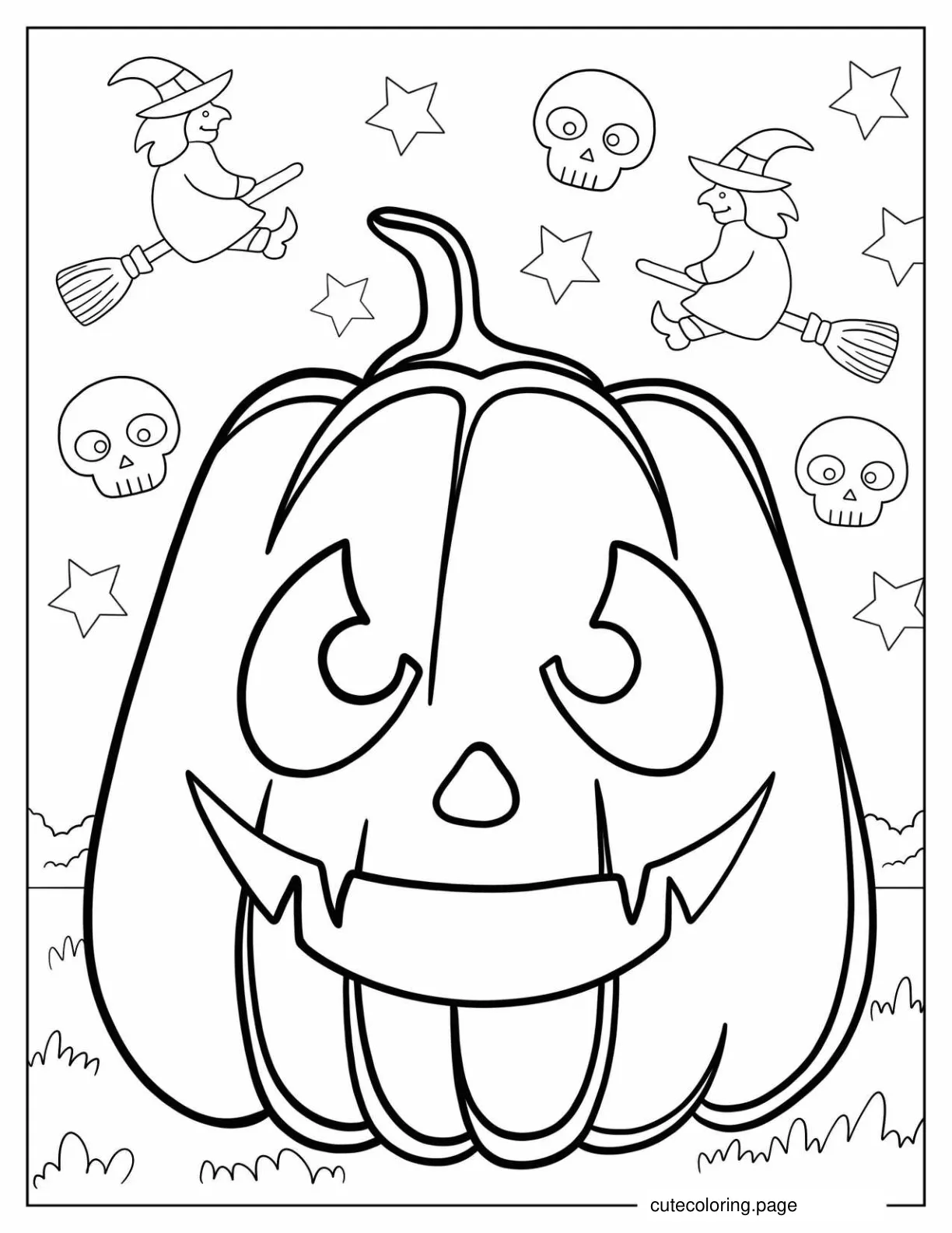 Scary Jack O Lantern With Witches And Skulls coloring page