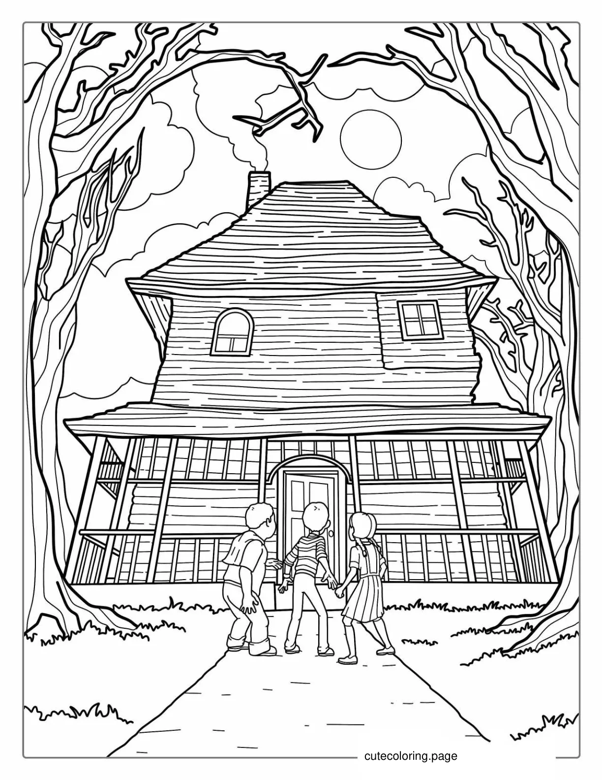 Three Children Standing In Front Of Realistic Haunted House coloring page