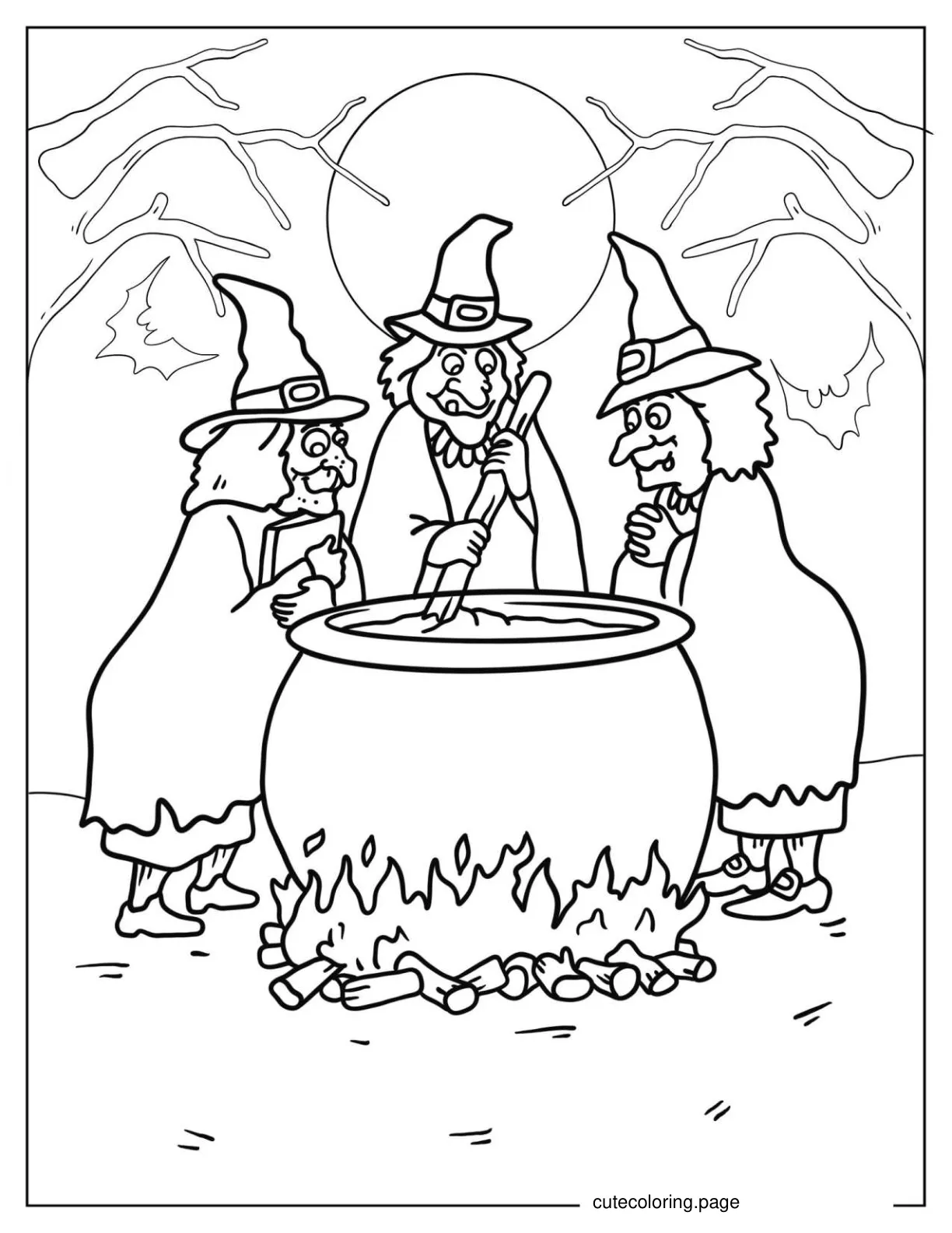 Three Witches Casting Spells coloring page