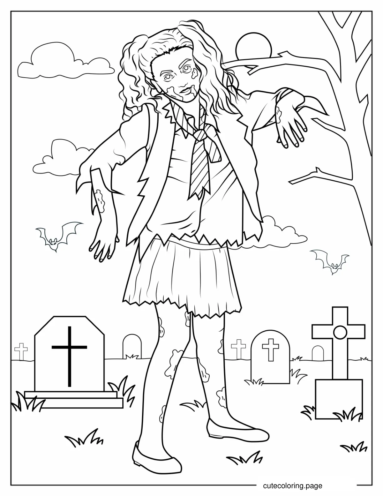 Zombie Girl In Cemetery Halloween Coloring In coloring page