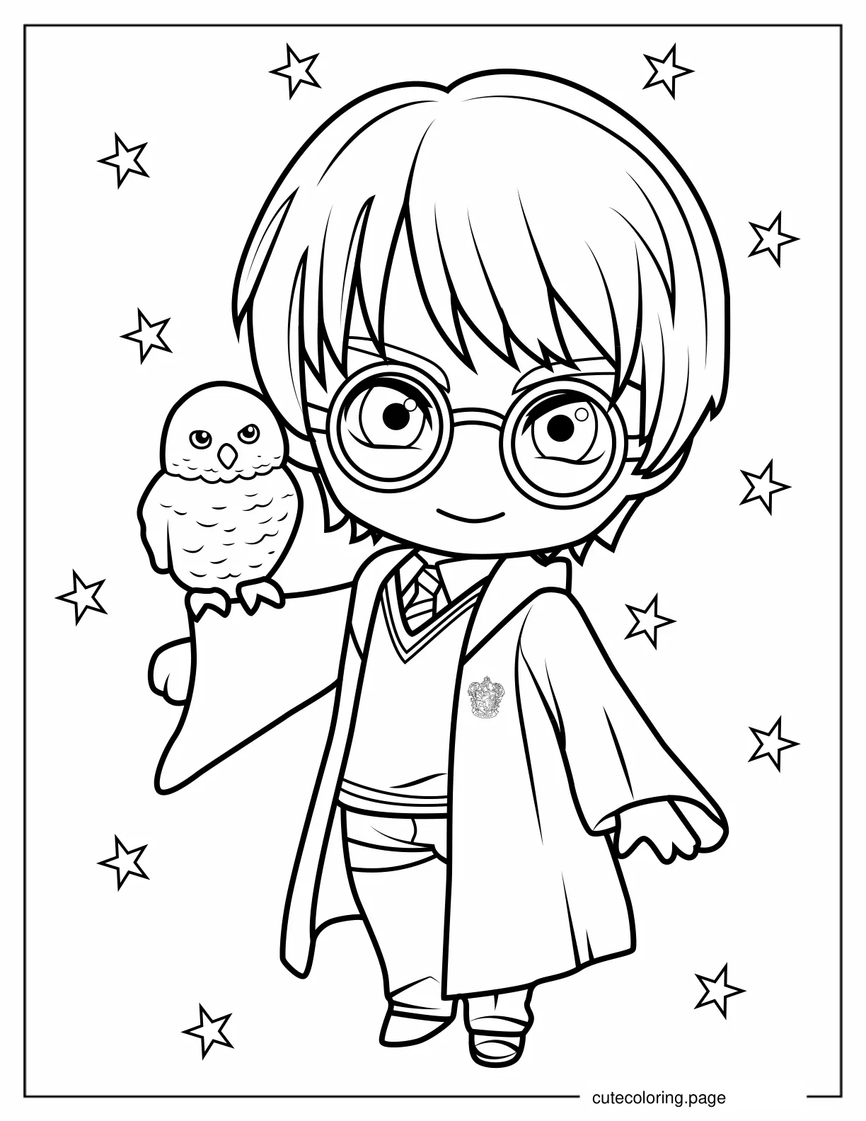 Chibi Harry Potter with Hedwig Coloring In For Kids coloring page