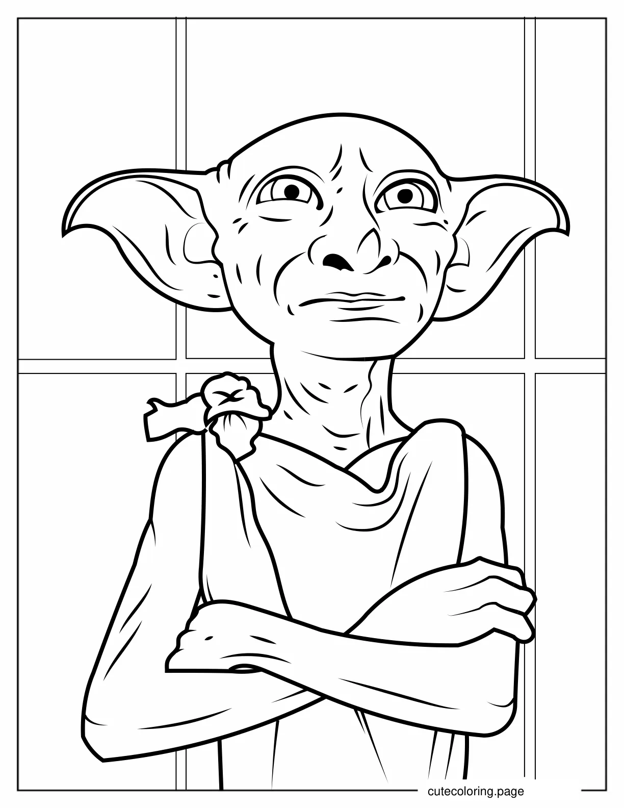 Close Up Of Sad Dobby With Arms Crossed coloring page